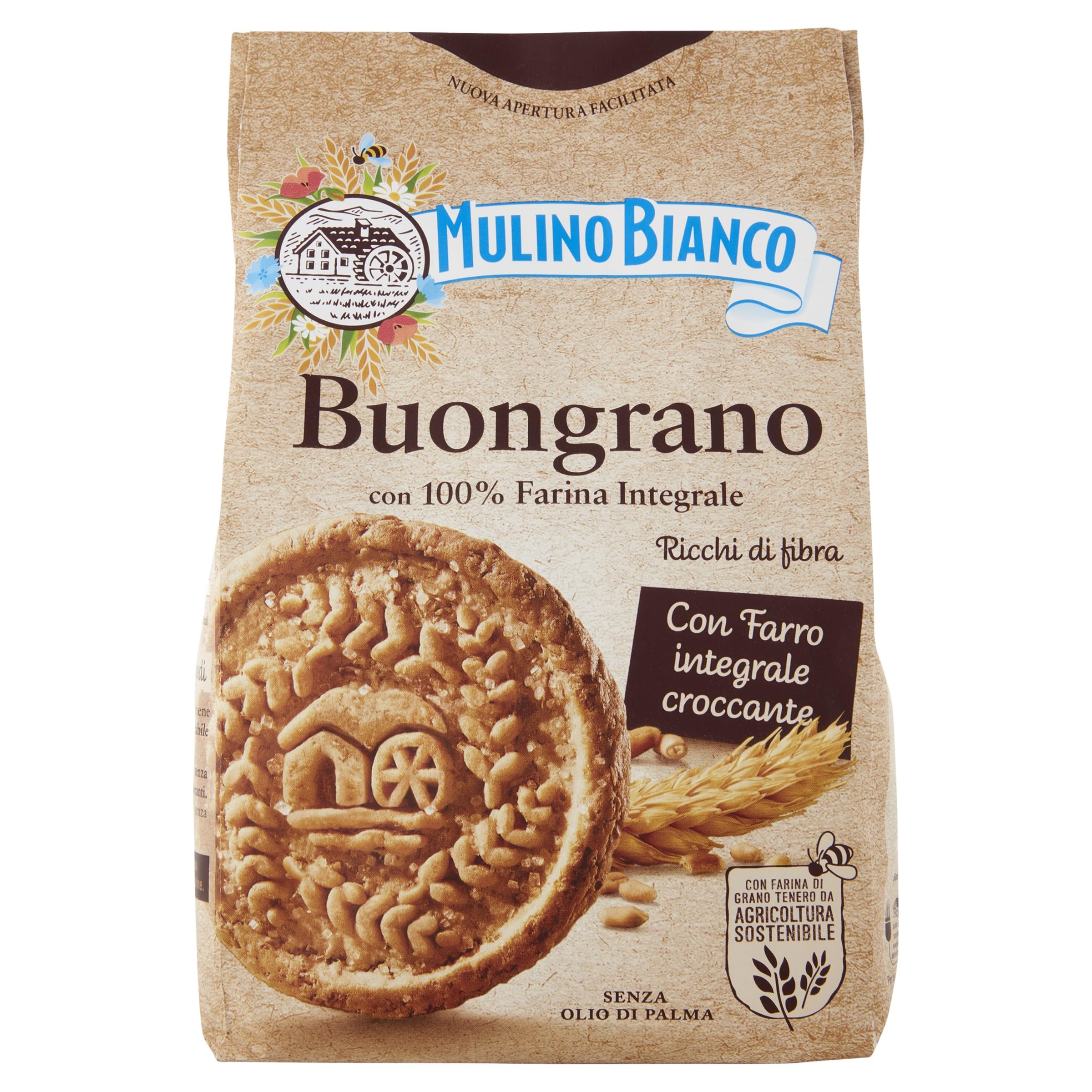 Mulino Bianco Biscotti Buongrano con 100% Farina Integrale, Colazione Ricca di Fibre e Gusto - 350 gr 350 g (Confezione da 1)