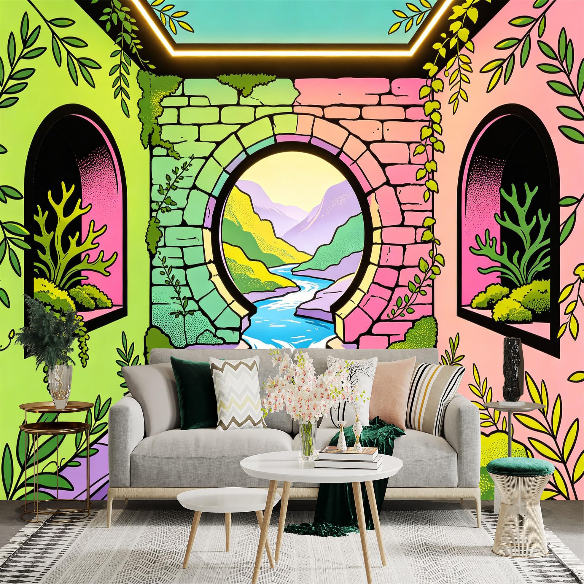 Custom Size Wall Sticker Mural， Colorful Archway with Waterfall River and Mountain Landscape， for wall Decoration， peelandstick wall Decals.