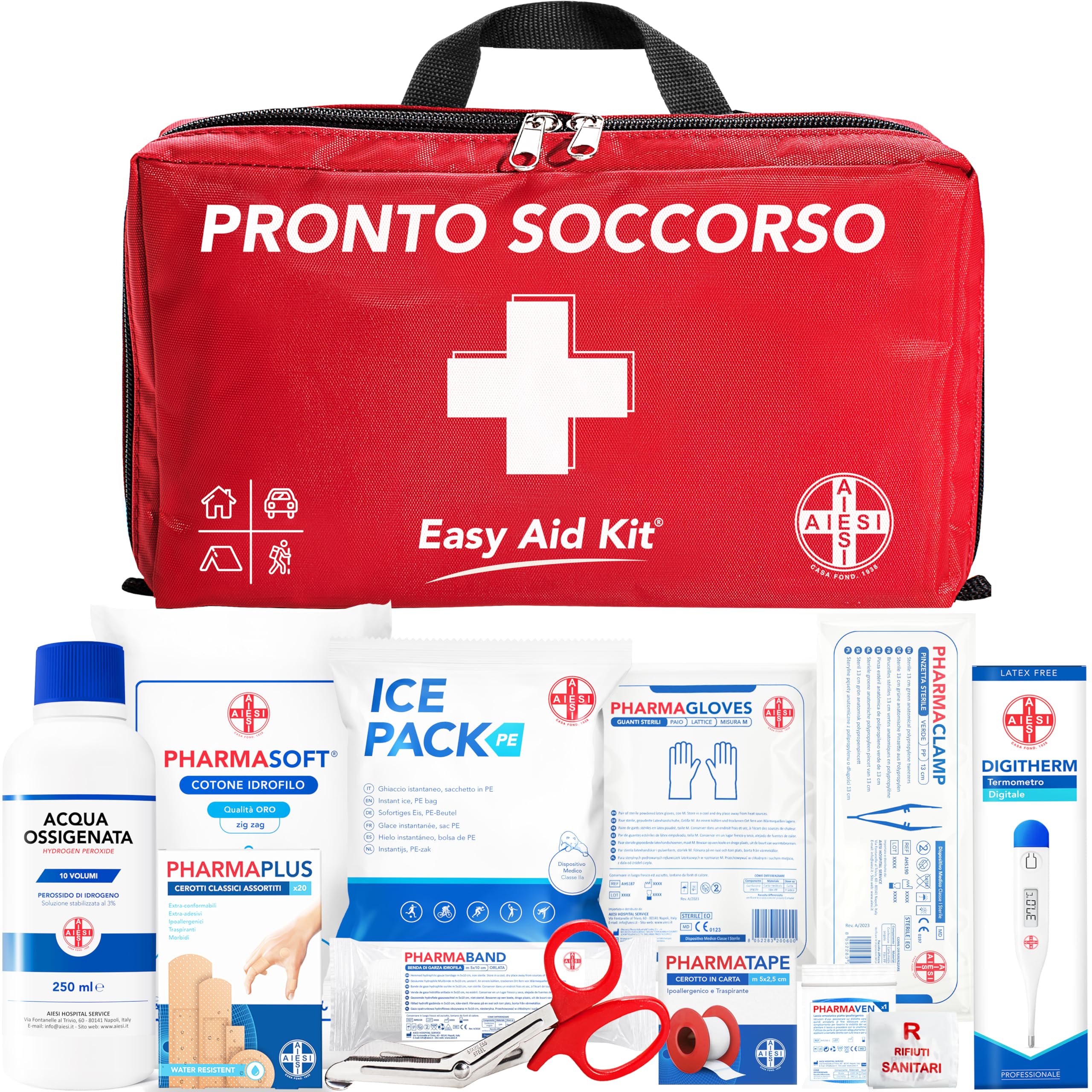 AIESI® Kit di Pronto Soccorso professionale con TERMOMETRO e DISINFETTANTE per auto casa viaggio barca moto trekking EASY AID KIT, Borsa di emergenza completa per medicazione, Made in Italy