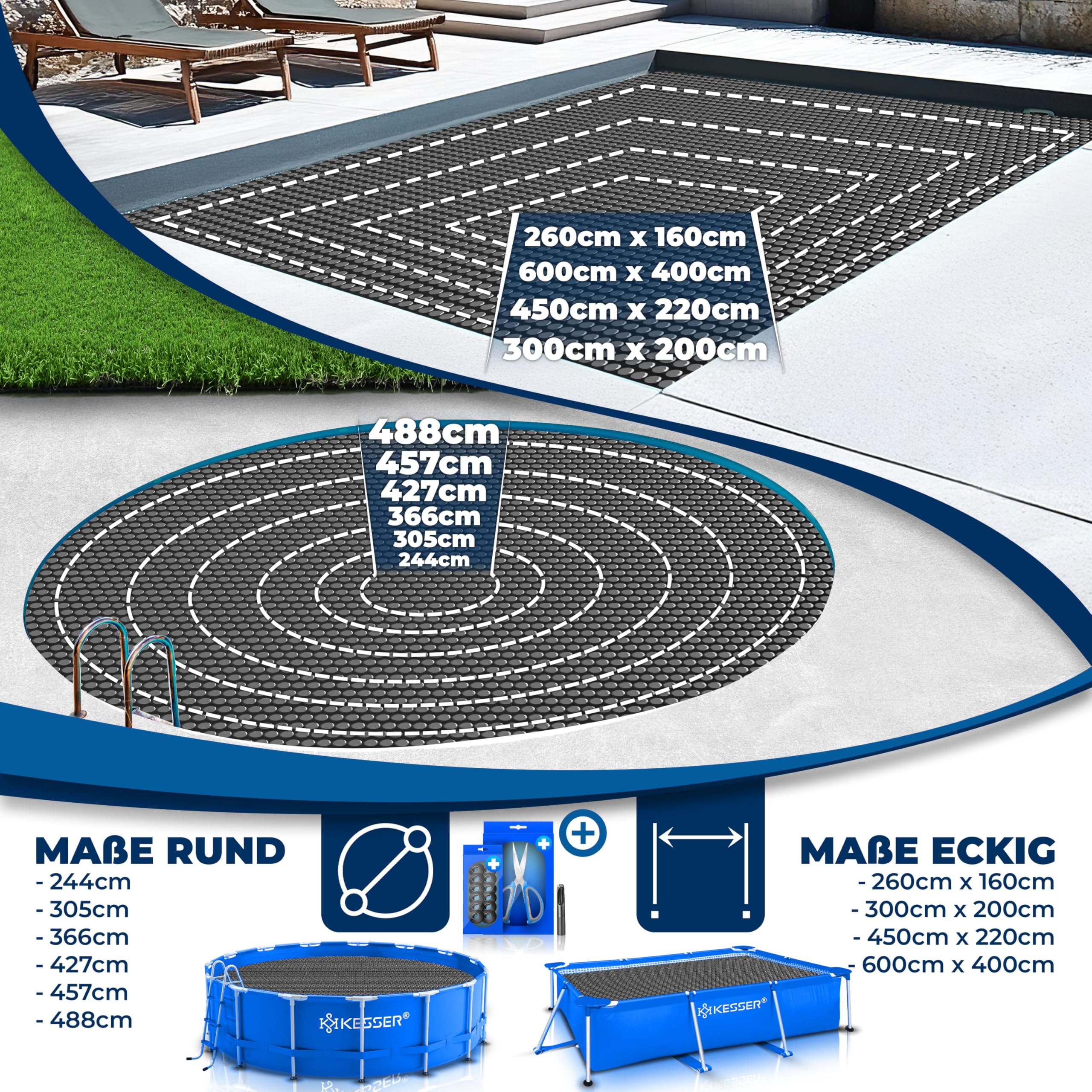 KESSER® Pool Solarfolie 400 µm | Solarplane Rund 488 cm Poolabdeckung | Solarabdeckplane flexibel zuschneidbar | Poolplane für Wassererwärmung | Solarabdeckung mit Schere, Lochzange & 12 Ösen
