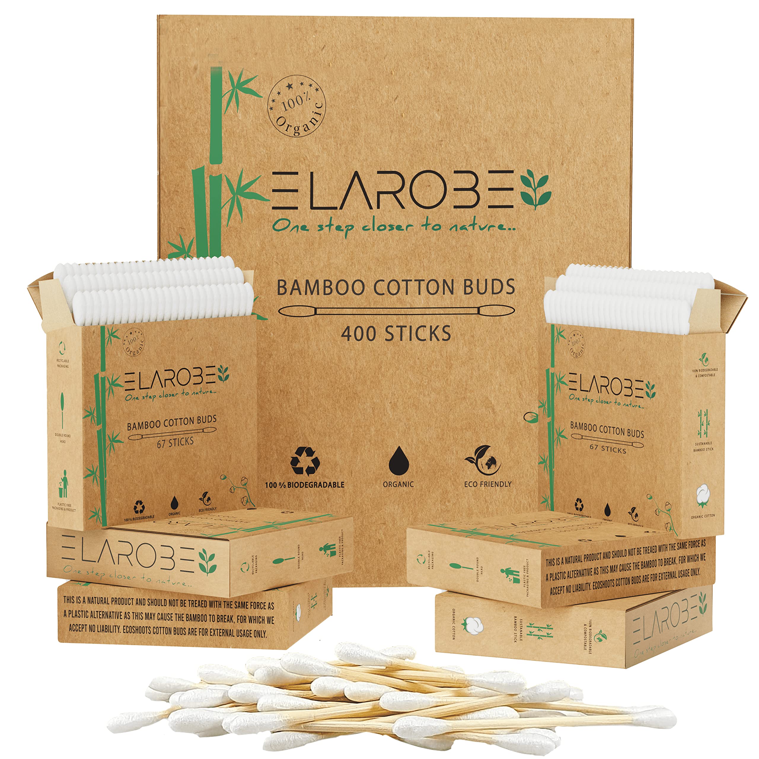 ELAROBECotton Buds 400 Bamboo Cotton Buds | 100% Organic Ear Buds Cotton | Biodegradable Cotton Earbuds | Sustainable Ear Cleaning, Makeup, & Cleaning Small Items (6x67 Cotton Earbuds Bamboo)