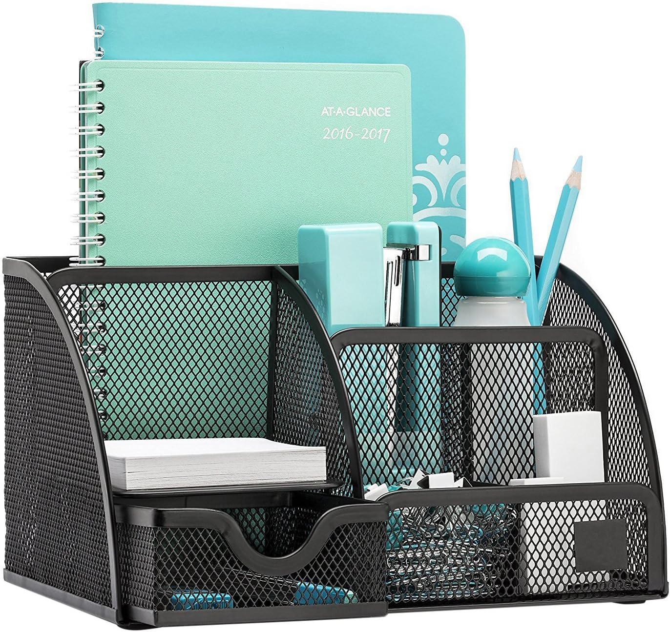 7 Compartment Metal Mesh Desk Organizer with Drawer