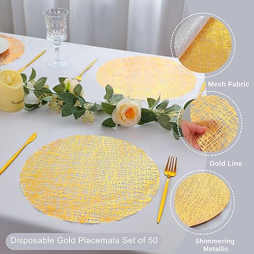 Miniatura 4 de Snowkingdom Juego de 50 manteles individuales desechables dorados de 13 pulgadas, tapetes redondos metálicos de malla prensada, manteles dorados