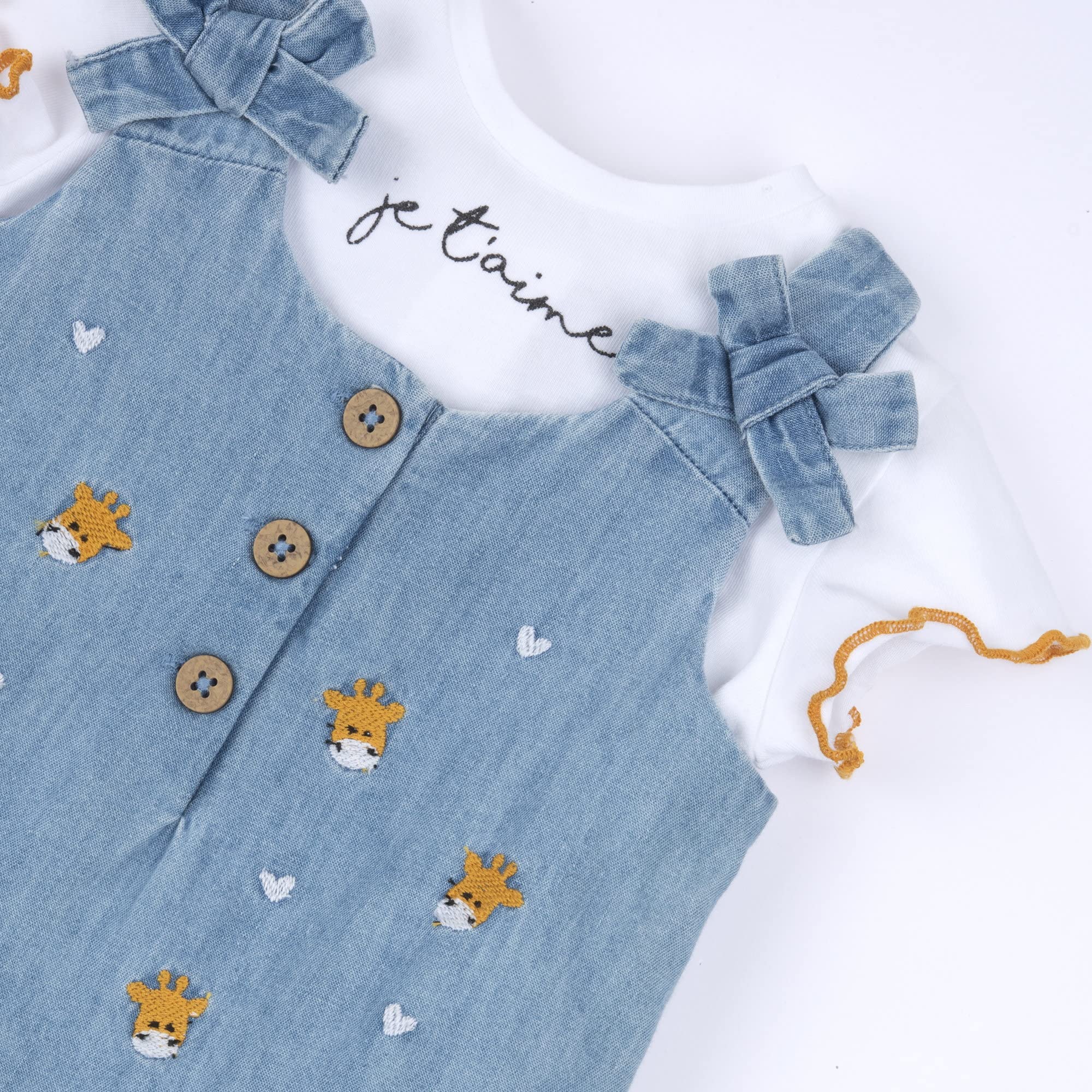 Chicco Conjunto de bebé de 12 meses – 74 cm con mono de mezclilla + camiseta temática jirafa, Azul vaquero., 12 meses