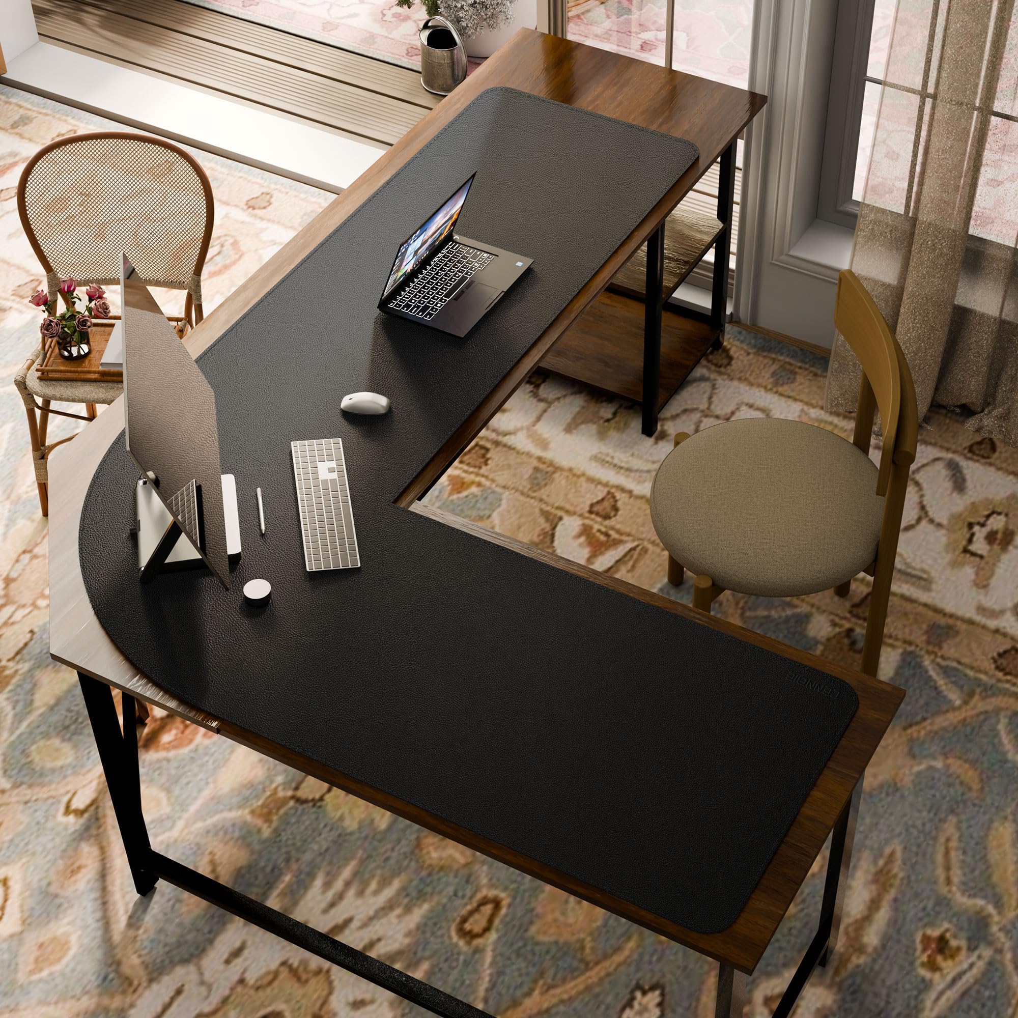 CENNBIE Sottomano doppio a forma di L, in pelle, (157 + 200) x 60 cm, colore nero