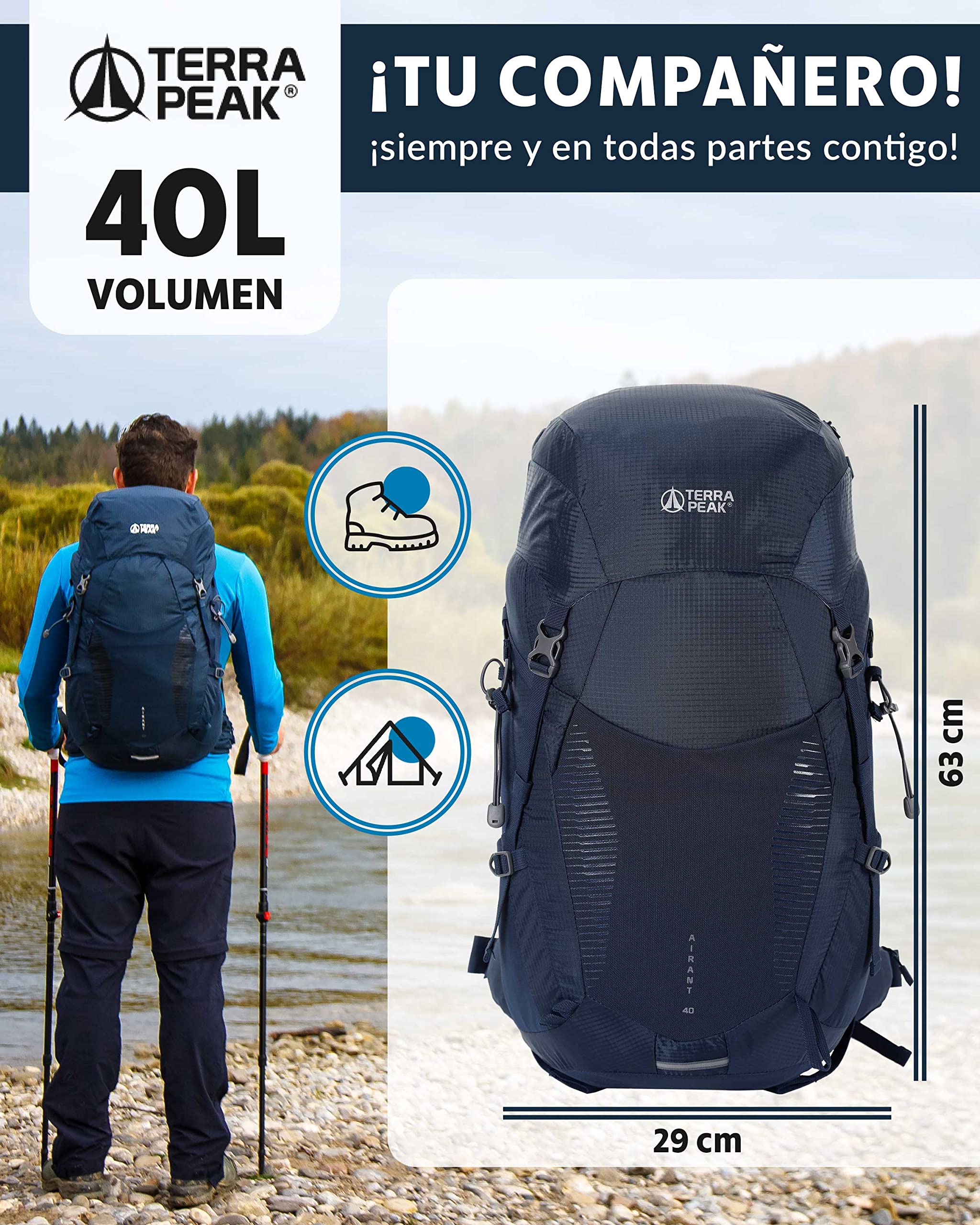 Terra Peak® Mochila de senderismo 20, 30, 40L para hombre y mujer (AIRANT) - Mochila de trekking, viaje y montañismo (ergonómica, impermeable) con ventilación en la espalda (transpirable)
