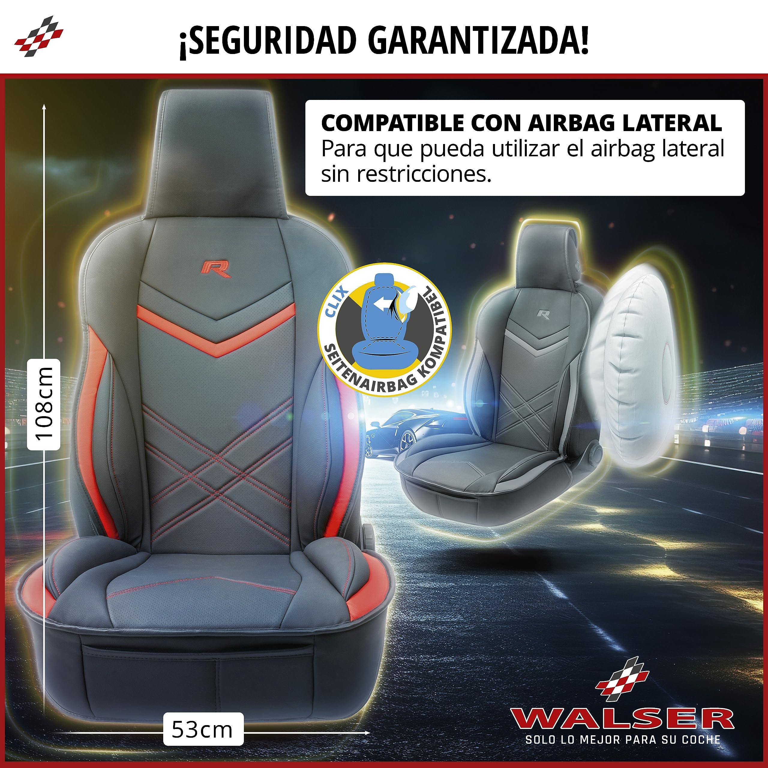 Walser Funda de Asiento de Coche Rey, Universal Almohadilla Protectora en Negro-Gris, para Coches y Camiones con aspecta de Carreras