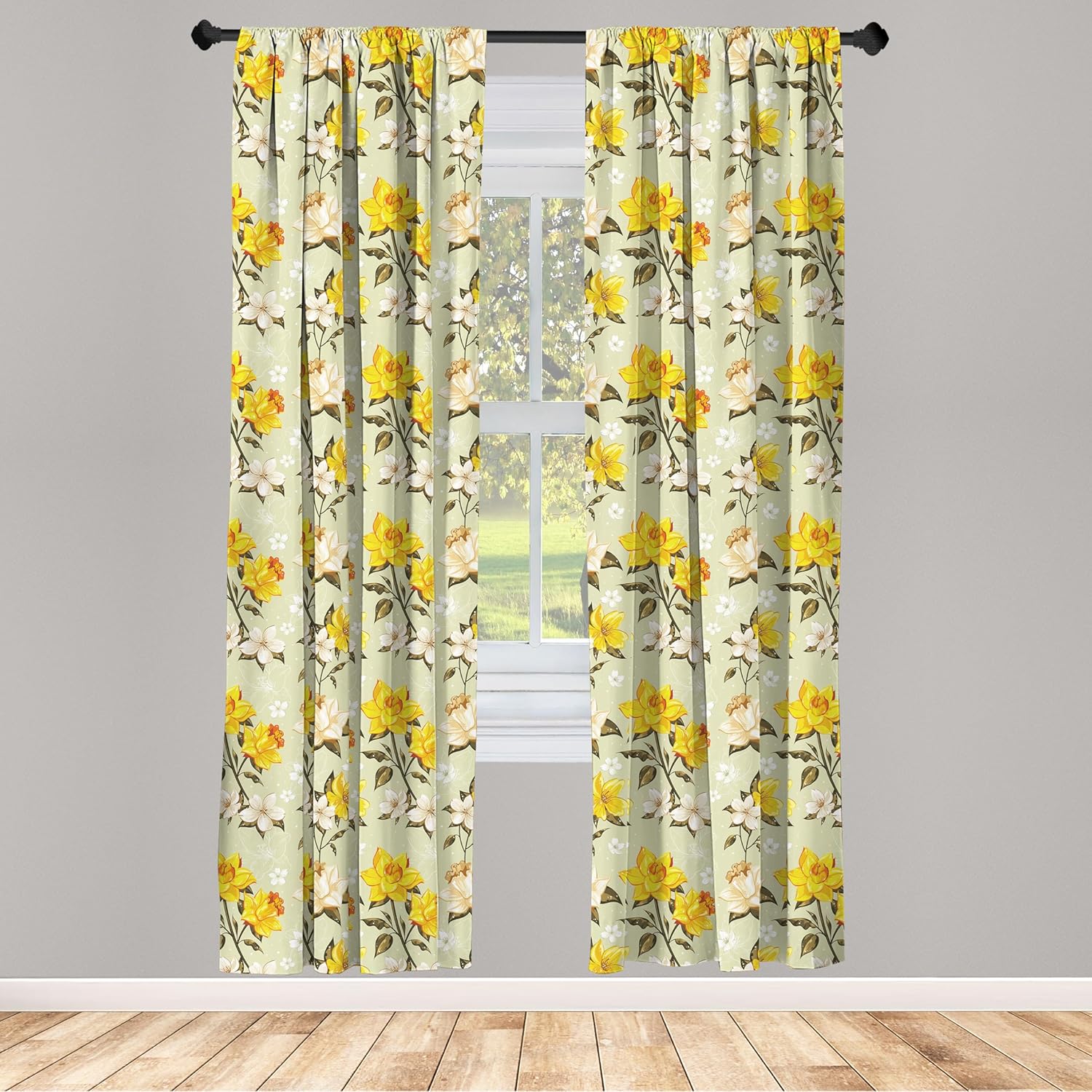 Ambesonne Flower Window Curtains, Classy Spring Floral Narcissus Branch Pattern with Dots and Line Art, Lightweight Decor 2-Panel Set with Rod Pocket, Pair of - 28" x 95", Yellow Cream