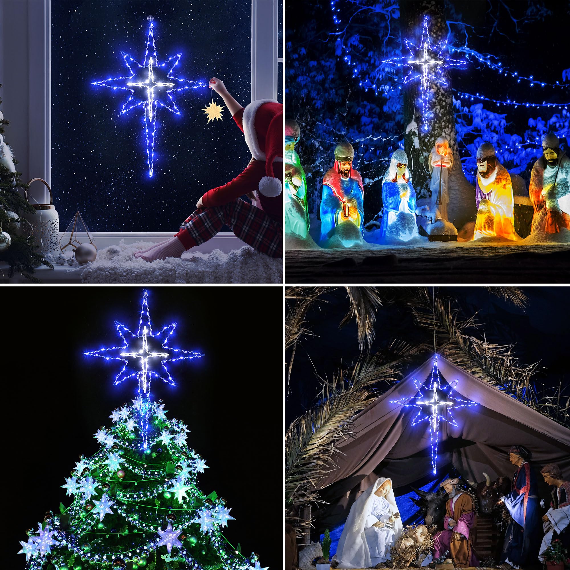 Hiboom Grande décoration de fenêtre de Noël de 61 cm, 8 modes, silhouette de fenêtre avec minuterie, étoiles lumineuses Bethléem à piles pour fenêtre en vacances de Noël