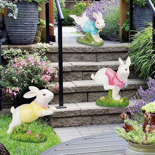 Miniatura 3 de Estatuas de esculturas de jardín de decoración de Pascua, estatuas de resina de conejo saltador, estatua de conejo, decoración de jardín para