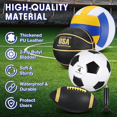 Miniatura 3 de HyDren Juego de 4 pelotas deportivas de tamaño oficial para baloncesto, balón de fútbol, voleibol, con bolsa de transporte y inflador, regalo para