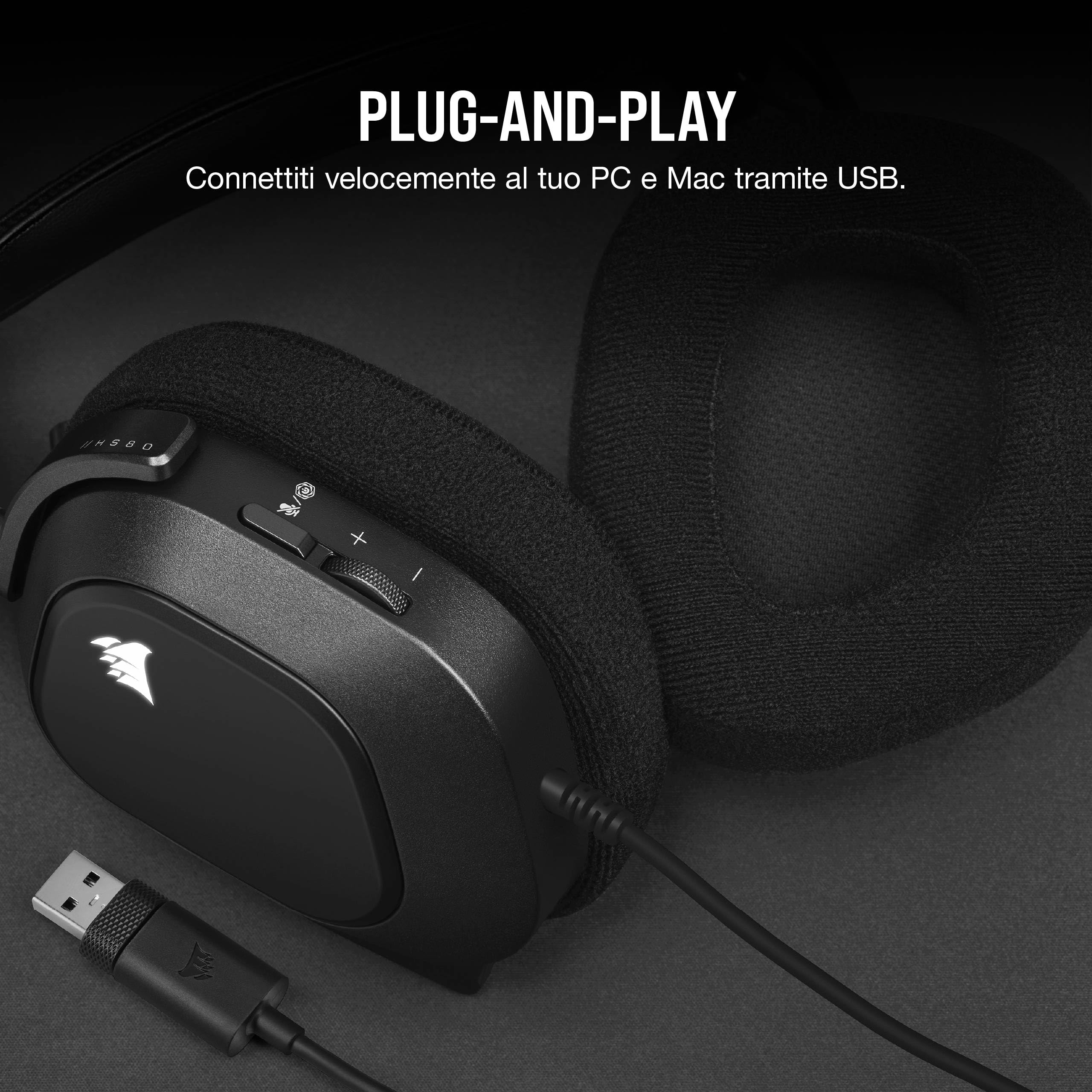 Corsair HS80 RGB USB Cuffia Gaming con Microfono Premium con Audio Surround 7.1, Microfono Broadcast Omnidirezionale, Controlli per Volume e Mute sul Padiglione, Illuminazione RGB Dinamica, Carbonio