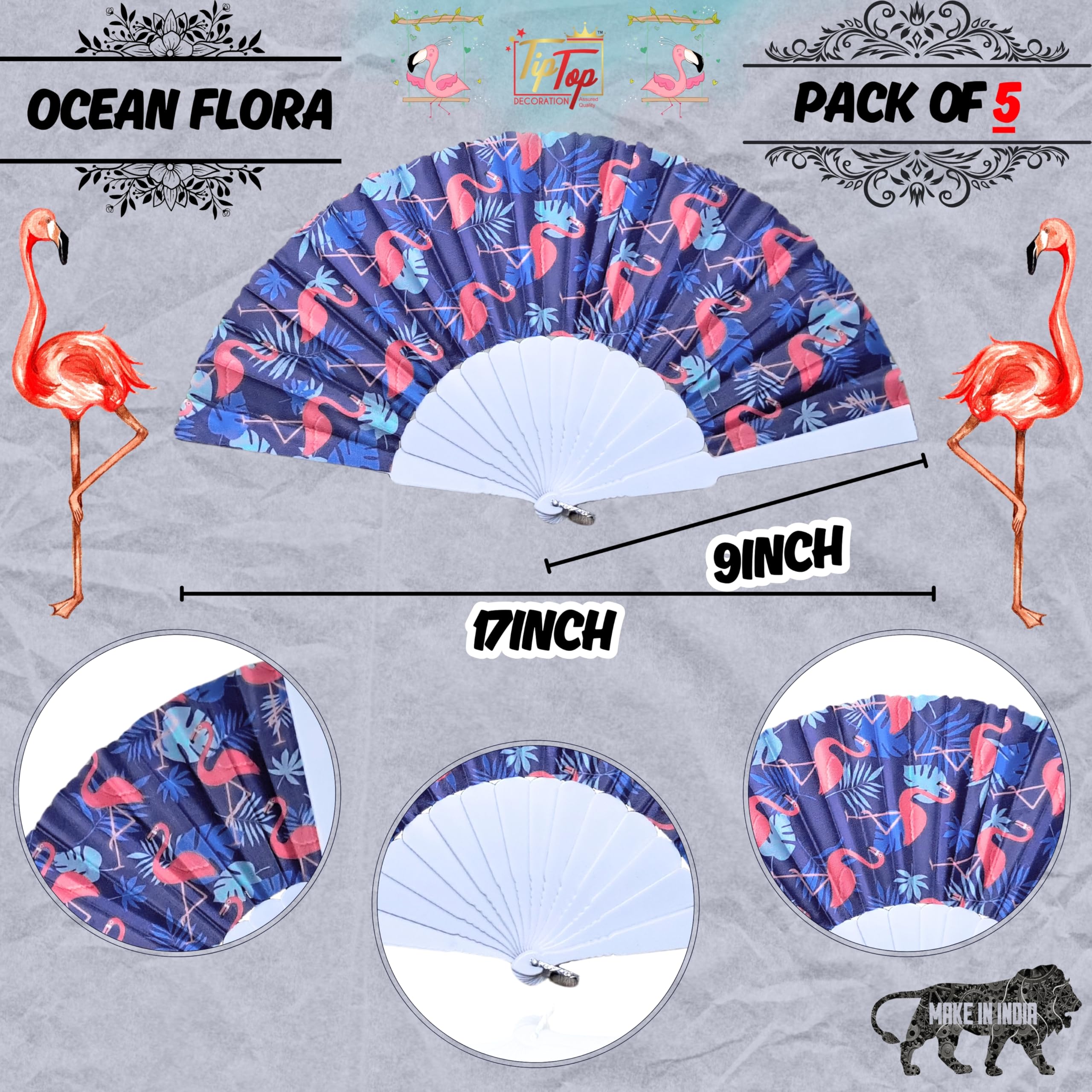 TIPTOP DECORATION Summer Hawaiian Luau Flamingo Printed Folding Cloth Hand Held Fan (Ocean Flora, Pack of 5)