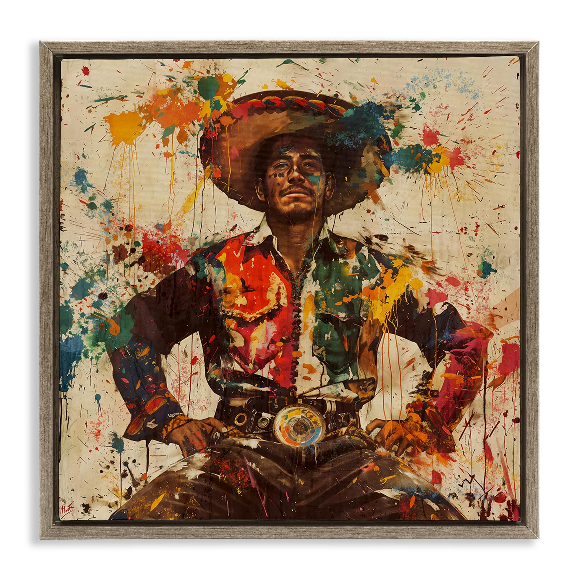 Stupell Industries 'El Mexicano with Paint Splatters', Floating Frame Canvas Art, Brown, 18 x 18 Inches, Easy to Hang and Sturdy, Made in USA, by Marta Wiley
