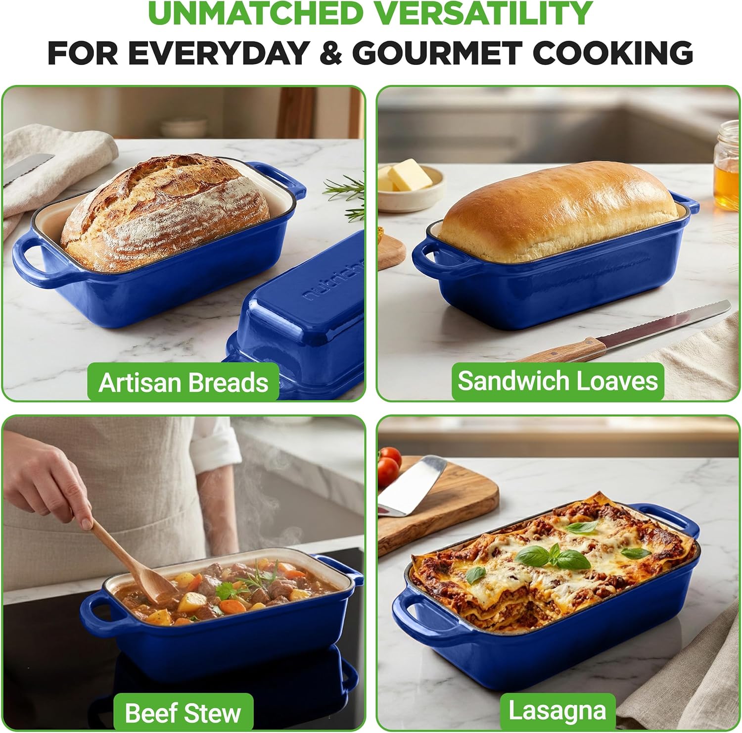 NutriChef 9x5" Enameled Cast Iron Loaf Pan with Lid, Enamel-Coated Baking Loaf Pan for Sourdough, Oven Safe, Nonstick Bread Pan with Silicon Gloves, Dishwasher Safe, Blue