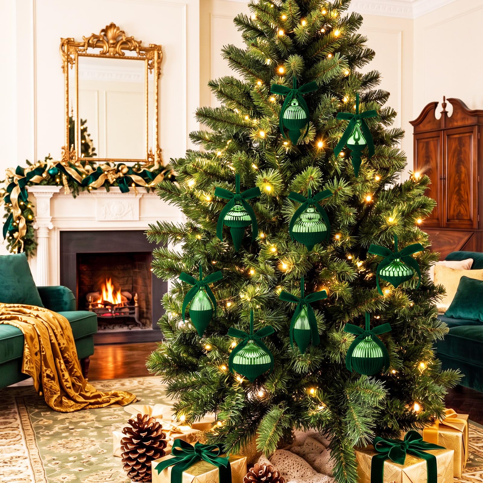 Hungdao Kit de 9 boules de Noël en velours à moitié floqué – Décorations de sapin de Noël en plastique incassable – Boules de Noël brillantes à suspendre avec nœud décoratif pour sapin de Noël (vert)