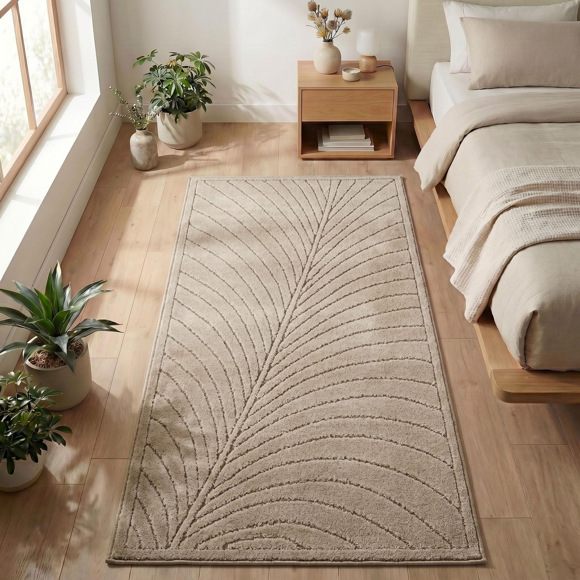 Carpetsale24 Kurzflor Teppich Beige Wohnzimmer Schlafzimmer 3D Hoch-Tief-Effekt, Skandinavisch Boho Motiv, für Outdoor Bereich geeignet Terrassen oder im Balkon