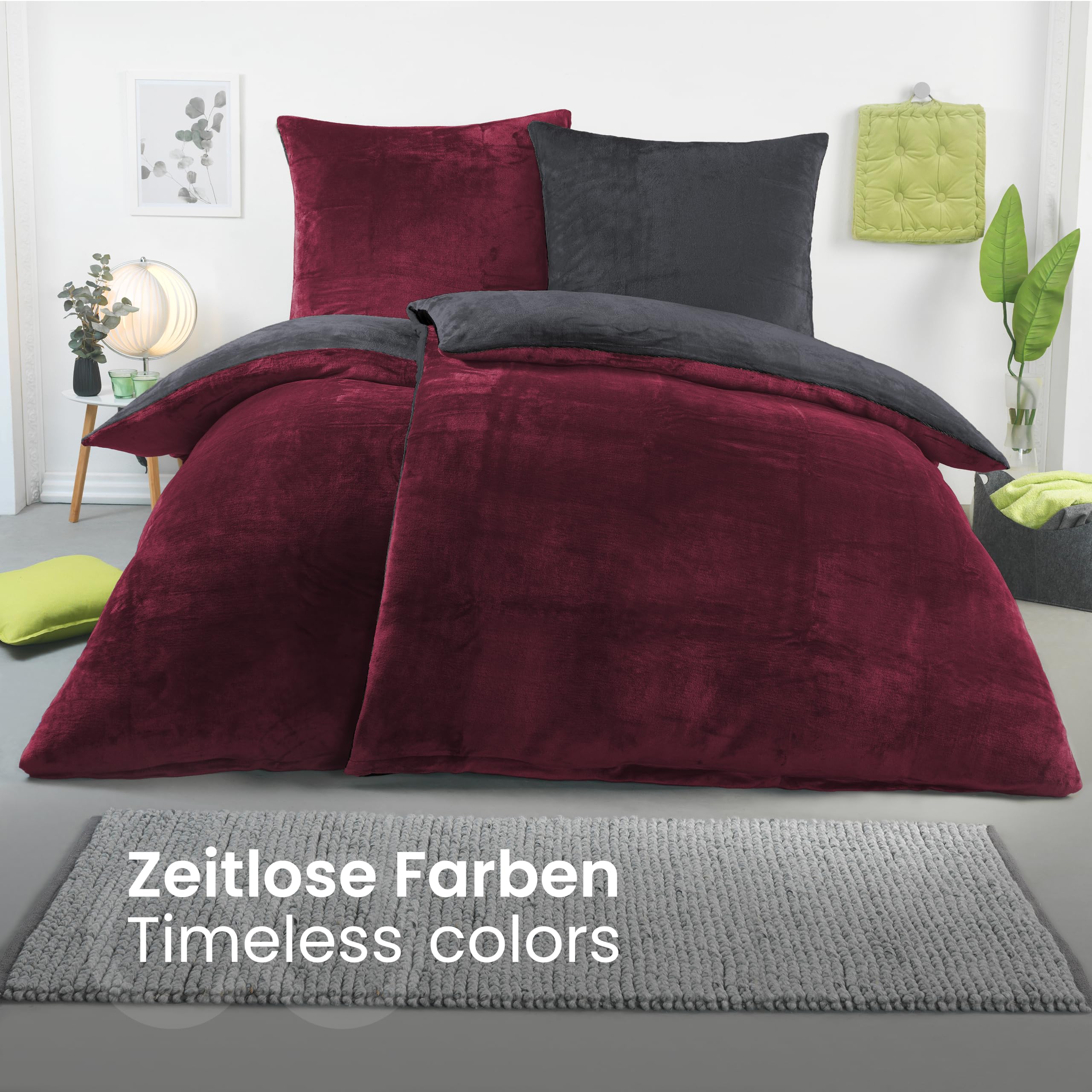 BaSaTex Winter Plüsch Bettwäsche Set, 4tlg. 135x200 cm, Anthrazit Bordeaux