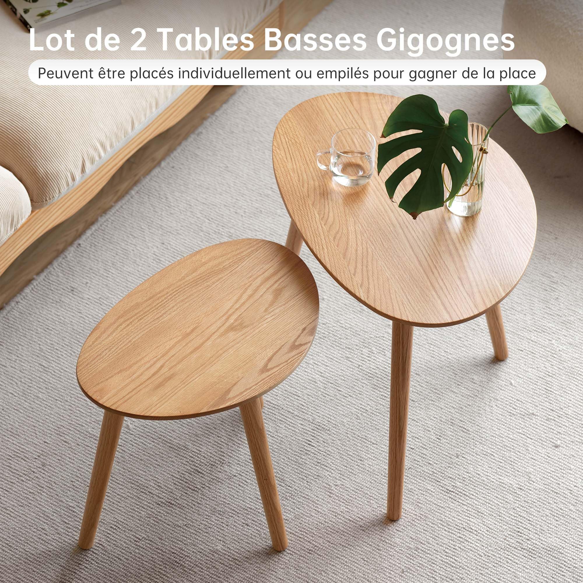 YESWOOD Lot de 2 Tables Gigognes Ovales Chêne Massif, Chêne Naturel | Design Galets, Table Basse, Table d'Appoint, Pour Salon, Balcon