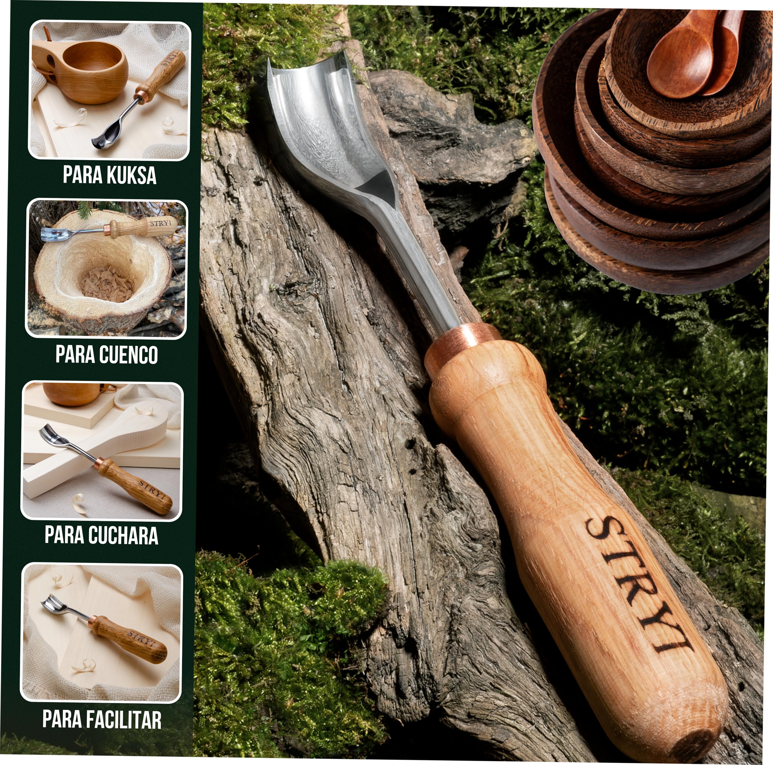 STRYI Cuchara de acero al carbono W1-7 de 20 mm curvada corta para tallar madera, herramienta para tallar cuencos, gubia hueca para cucharas y cuencos, afilada a mano, acero al carbono W1-7