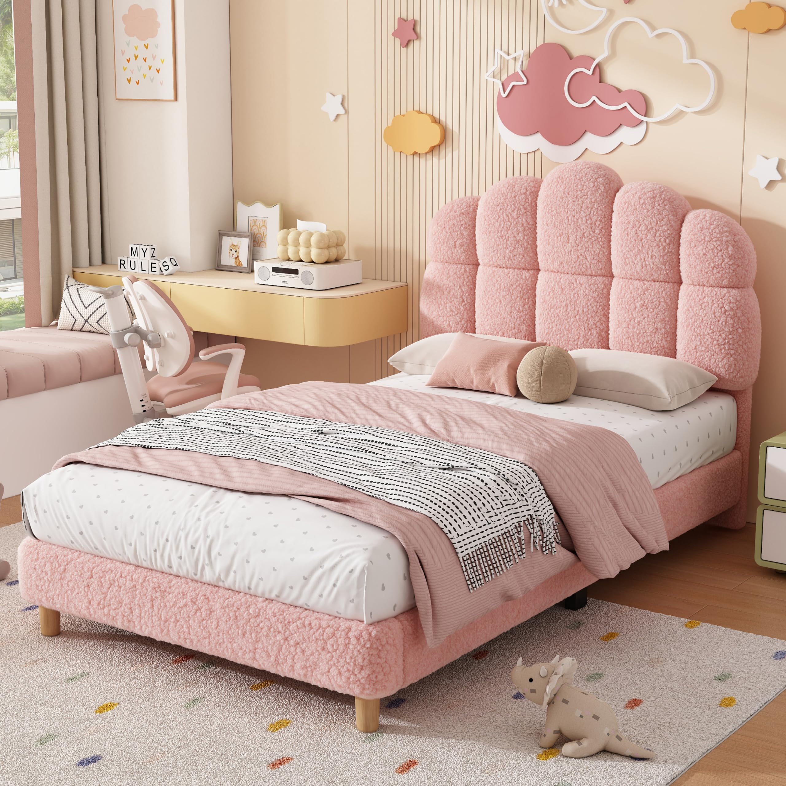 3ft Single Bed Frame with Adjustable Headboard & Solid Wood Legs, Boucle Fabric Upholstered Platform Bed with Wooden Slats, No Box Spring Needed, Pink Princess Beds Girls Beds For Kids, 90x190 cm — image 1