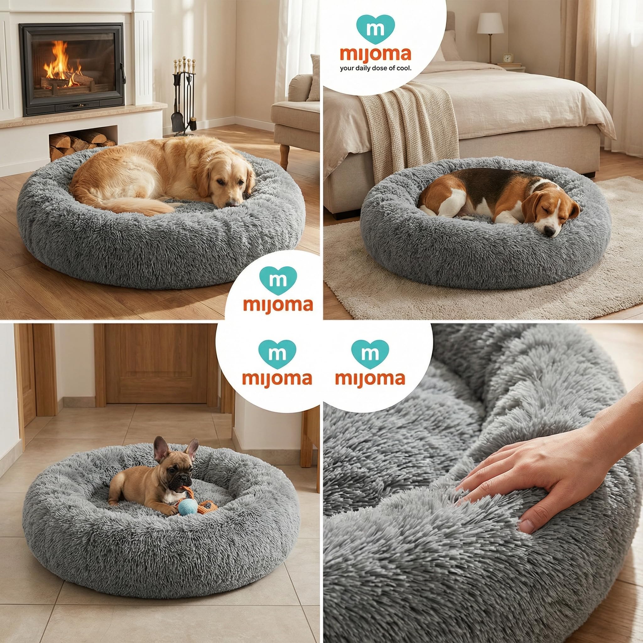 MIJOMA Flauschiges Hundebett rund grau mit Anti-Rutsch Unterseite – Beruhigendes Hundekissen für kleine mittelgroße & große Hunde – Hundekorb aus Plüsch zur Entspannung (Größe L – Ø 100 cm)