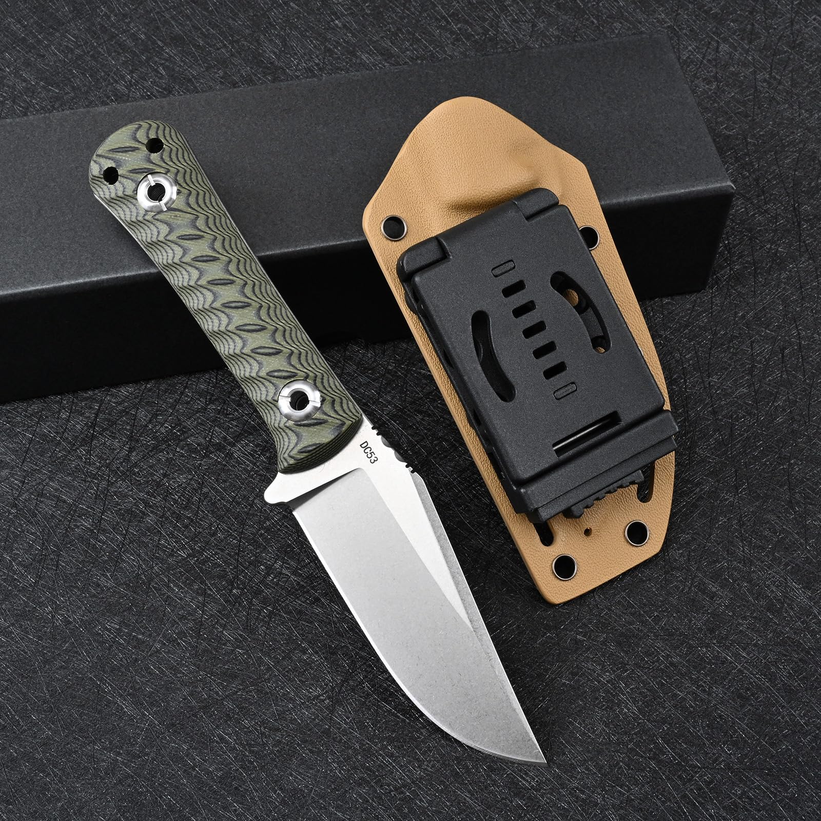 Outdoor Messer feststehende Klinge aus DC53 Stahl gefertigt G10 Griff mit Kydex Scheide Jagdmesser für Männer EDC Outdoor Camping Survival (Weiß+Grün)