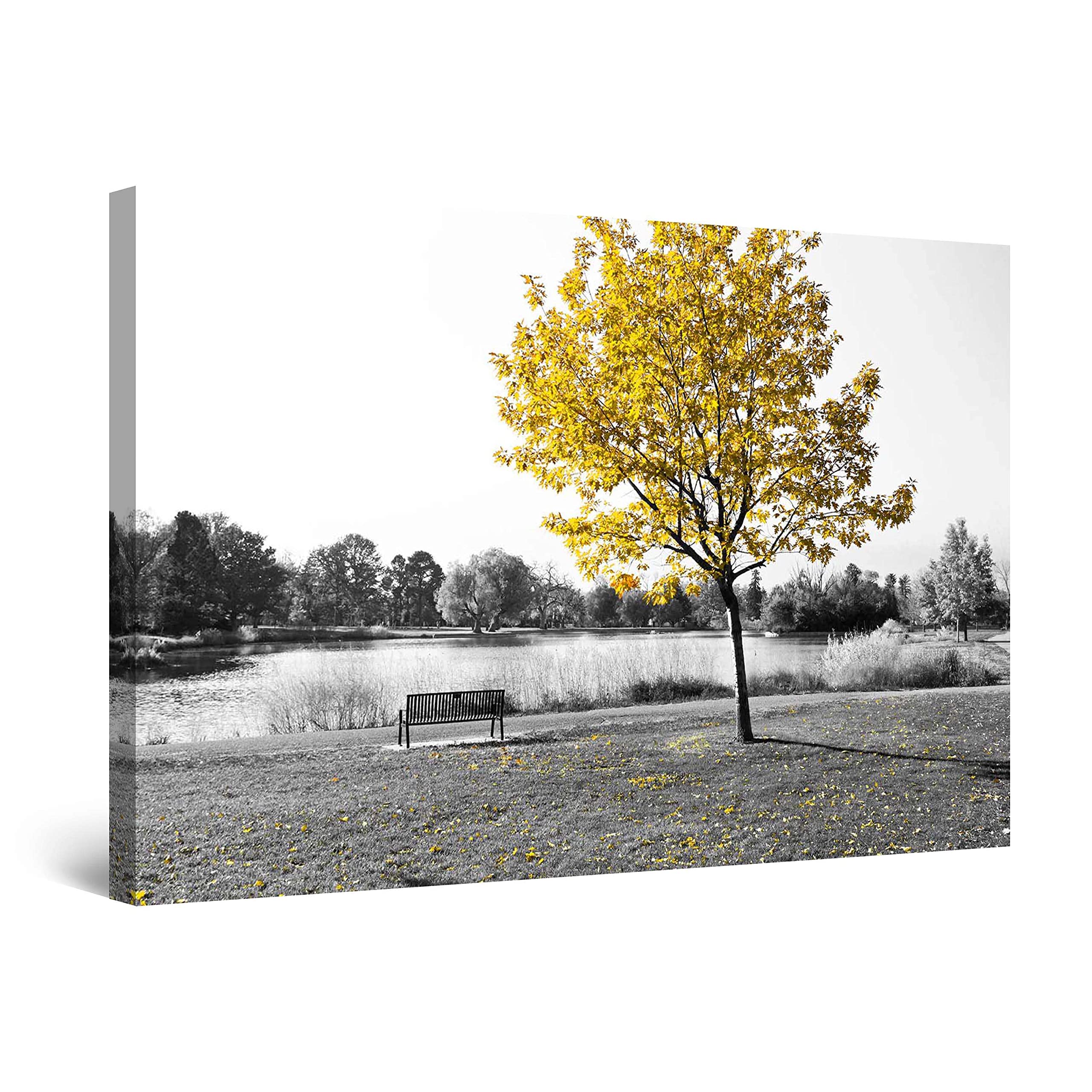 Startonight Canvas Wall Art Lonely Yellow Tree in Park Large Picture for Living Room Framed 32" x 48"