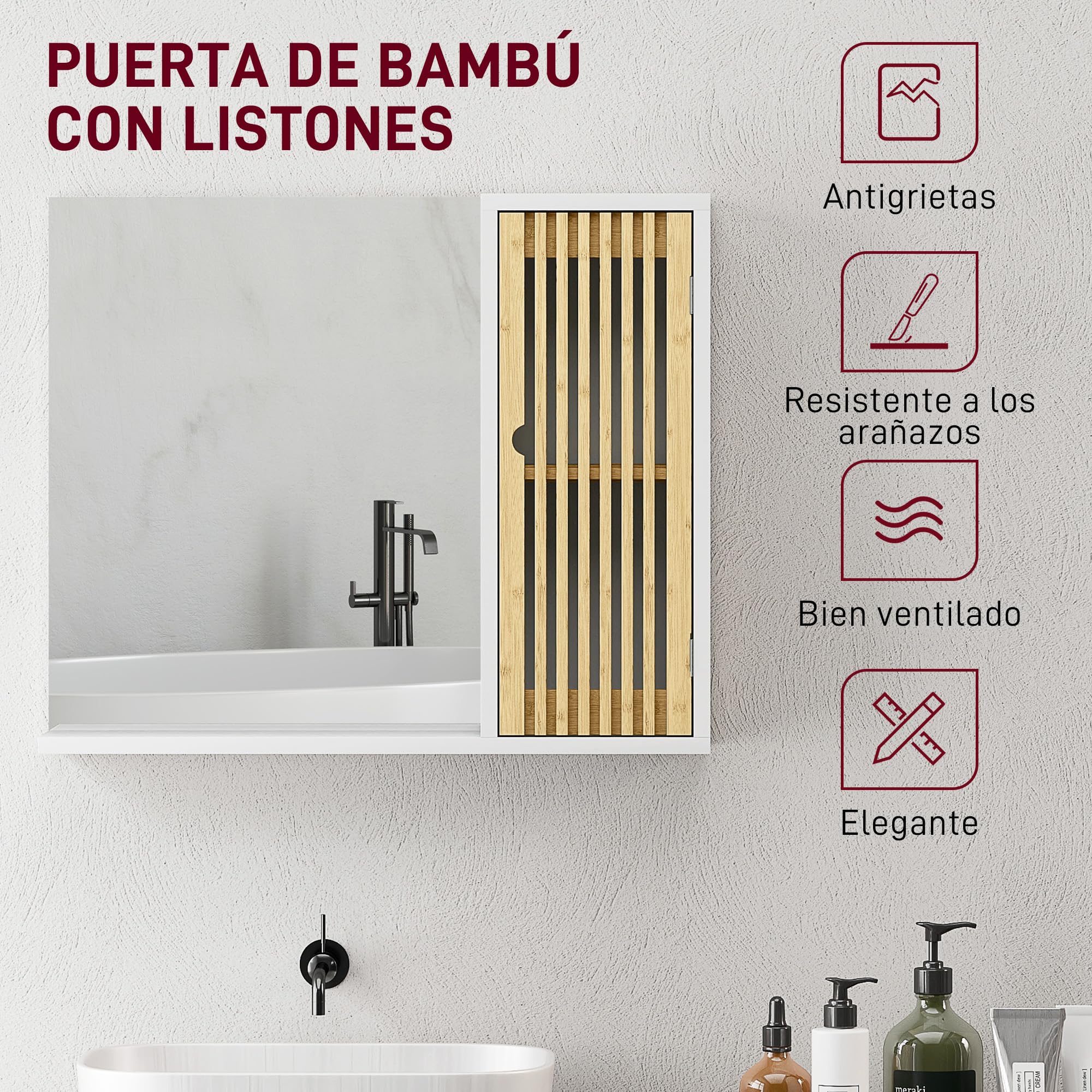 HOMCOM Espejo de Baño 60x50 cm, Espejo de Pared con Puerta de Listones de Bambú, Estantes de Almacenaje, Blanco y Natural