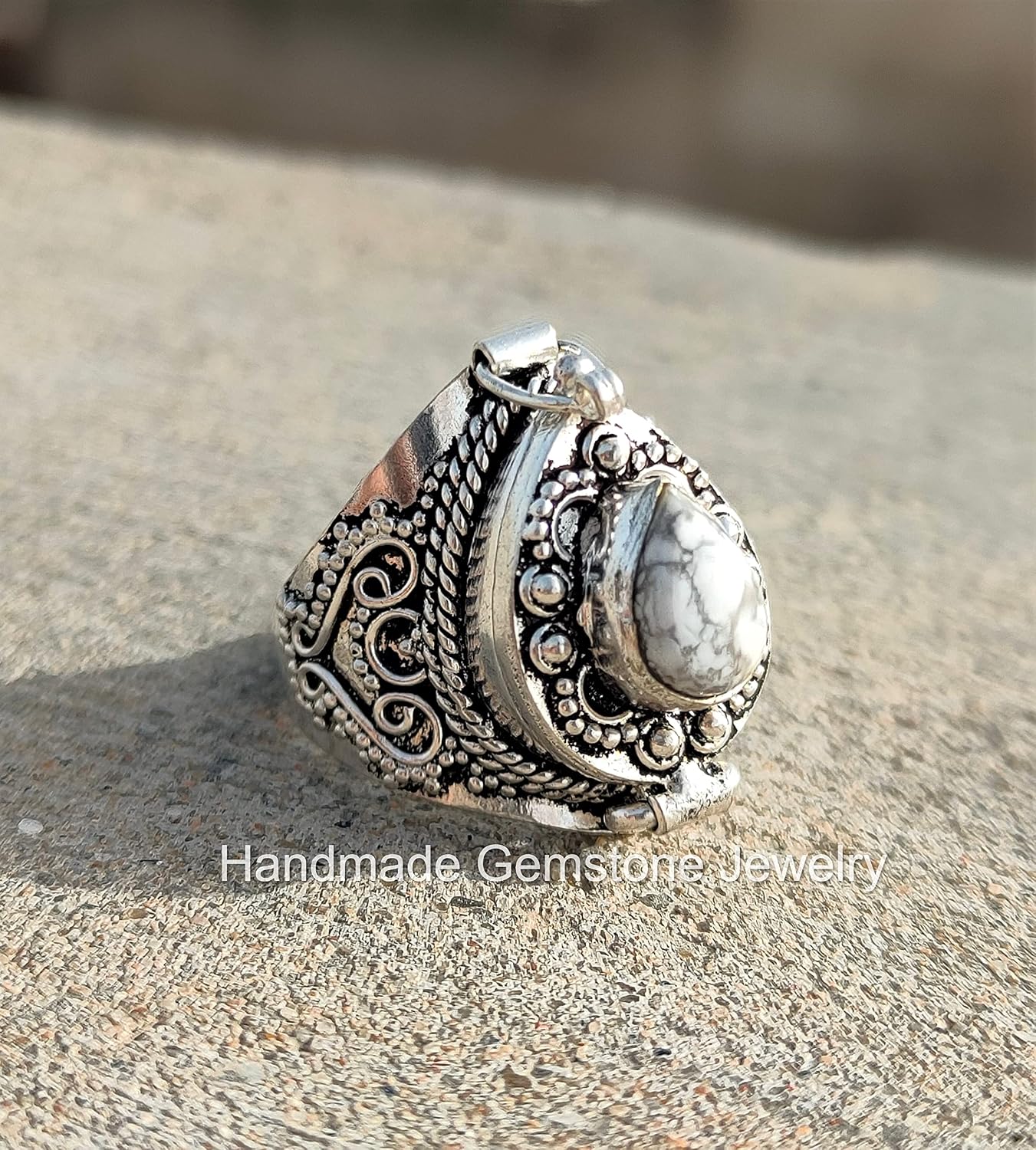 Natural White Howlite Poison Box Ring Pear Stone Ring Teardrop Howlite Ring Secret Pillbox Ring Artisan Design Ring, Howlite Jewelry