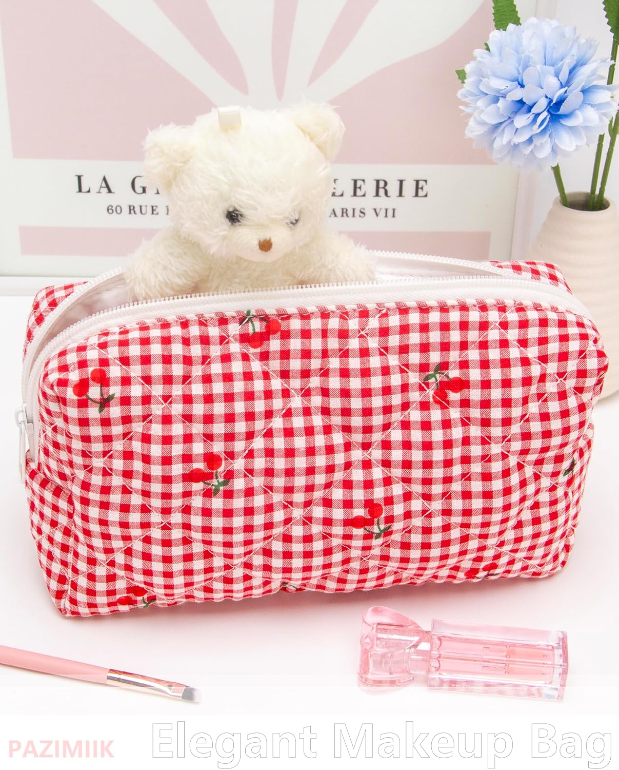 PAZIMIIK 6PCS Vintage Quilted Makeup Bag SET Cosmetic Pouch for Brushes Pencils and Travel Make Up Accessories for Women and Girls Plaid Cherry