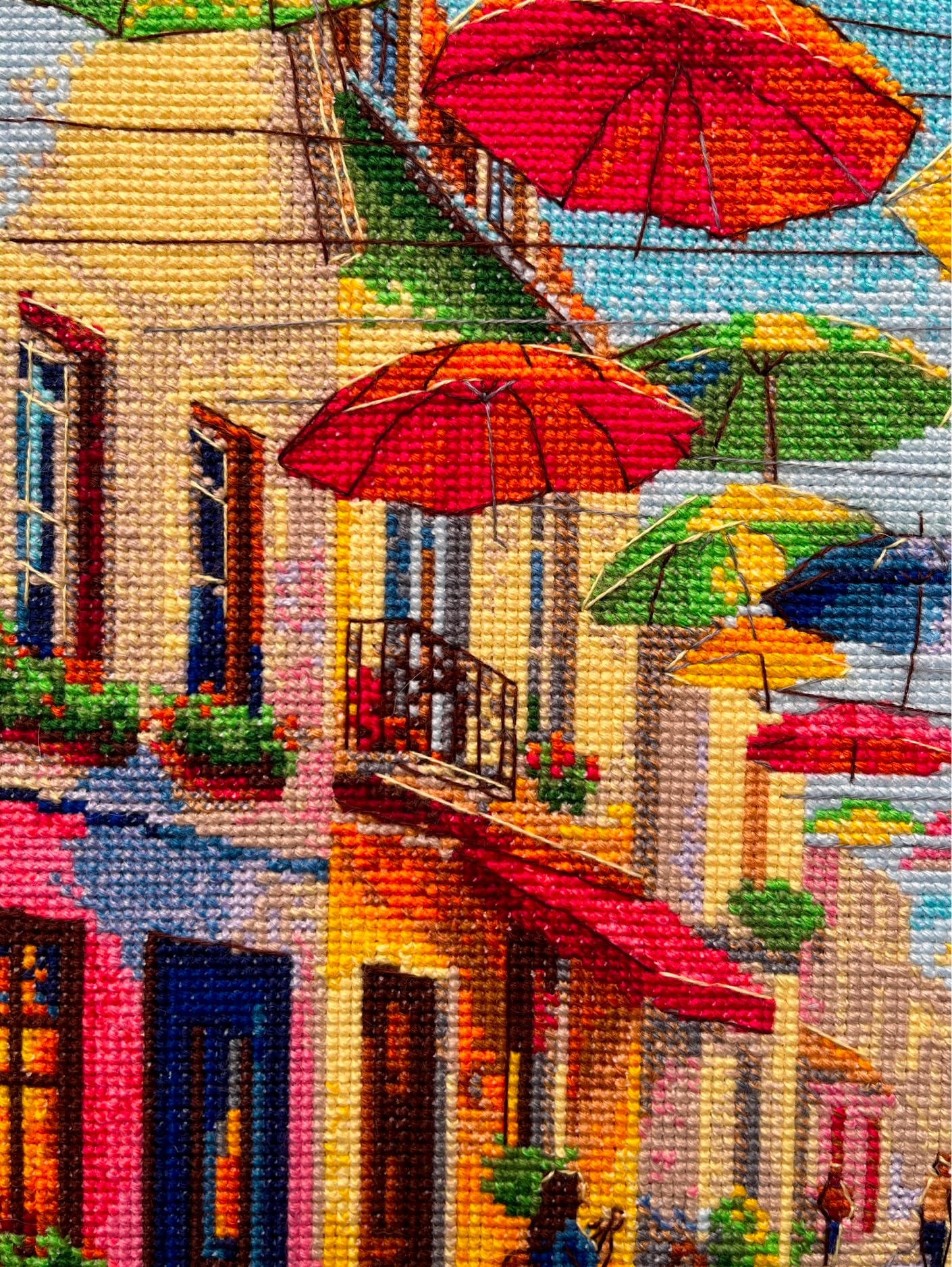 RIOLIS Colorful Umbrellas 2335 - Kit de punto de cruz contado, diseño colorido de escena callejera, kit de bordado de 11.75 x 15.75 pulgadas para adultos, kit de manualidades de costura para