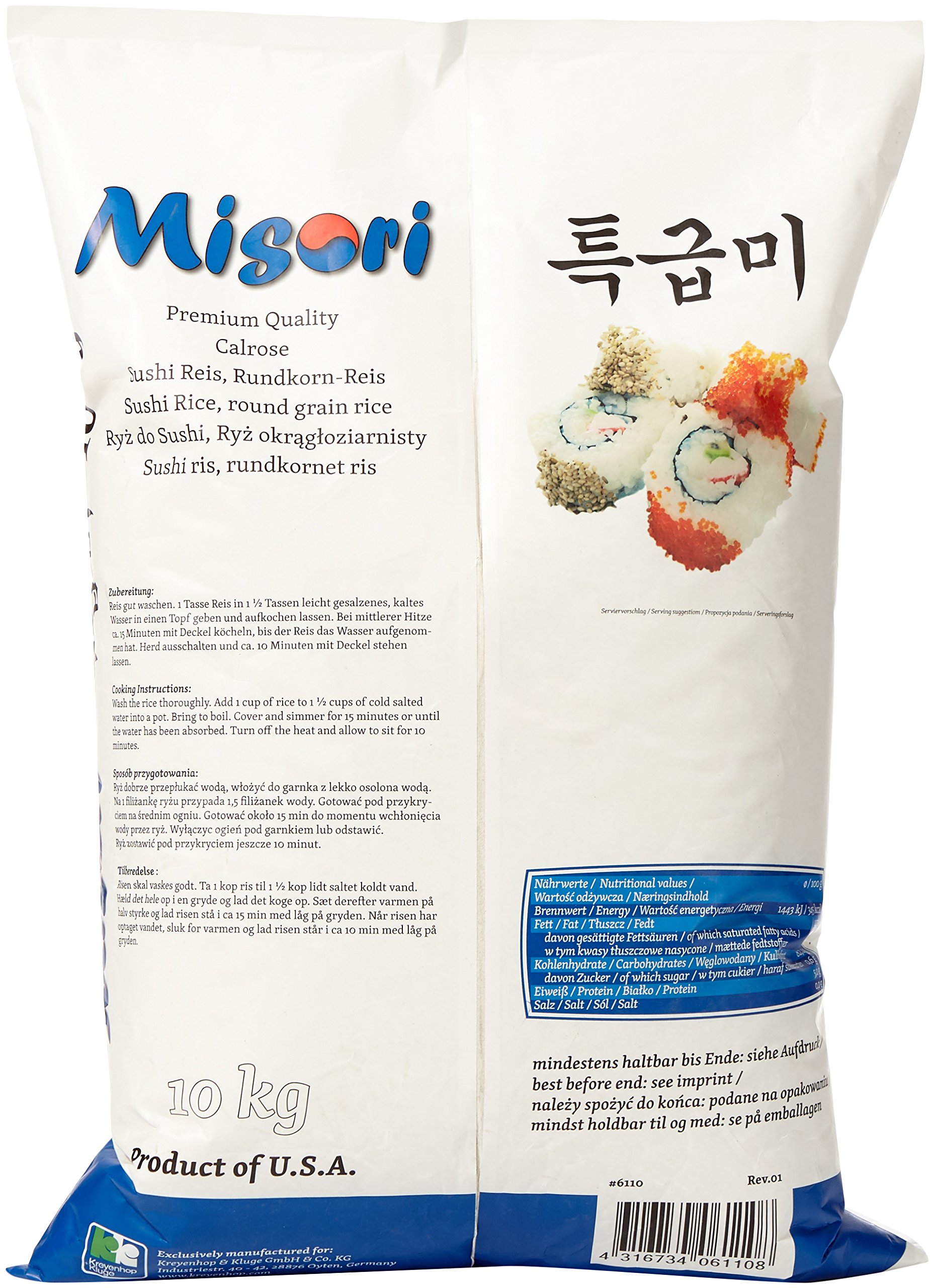 MISORI Calrose Reis / Sushi Reis; Premium Qualität, 1er Pack (1 x 10 kg Packung)