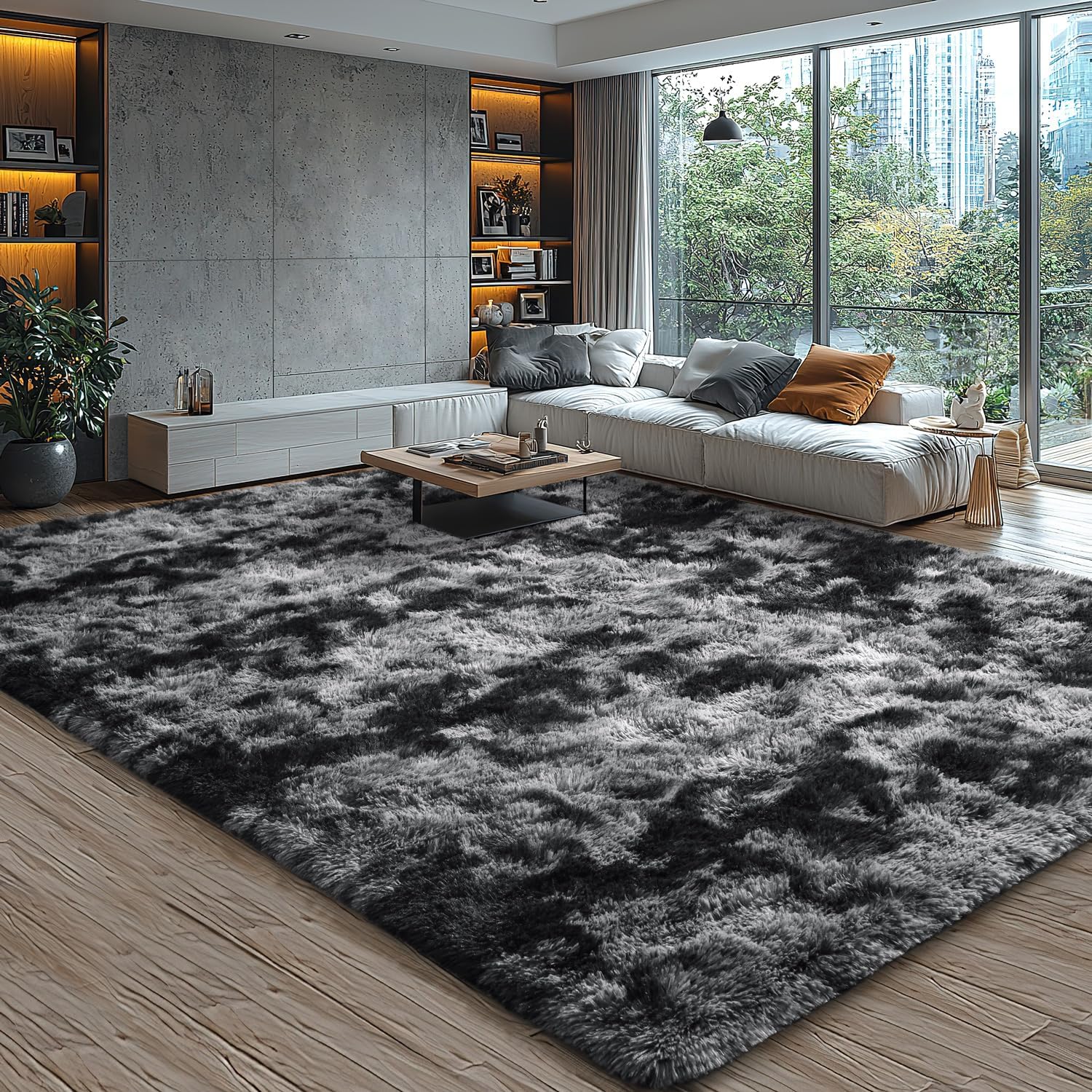 EVOIONOS Area Rug for Living Room Bedroom, Washable 5x8 Fluffy Shag Large Rug, Soft Plush Non Slip Carpet for Indoor Floor Bedside Nursery Kids Room, Dorm, Home Decor Aesthetic, ‌Tie-Dye Dark Grey