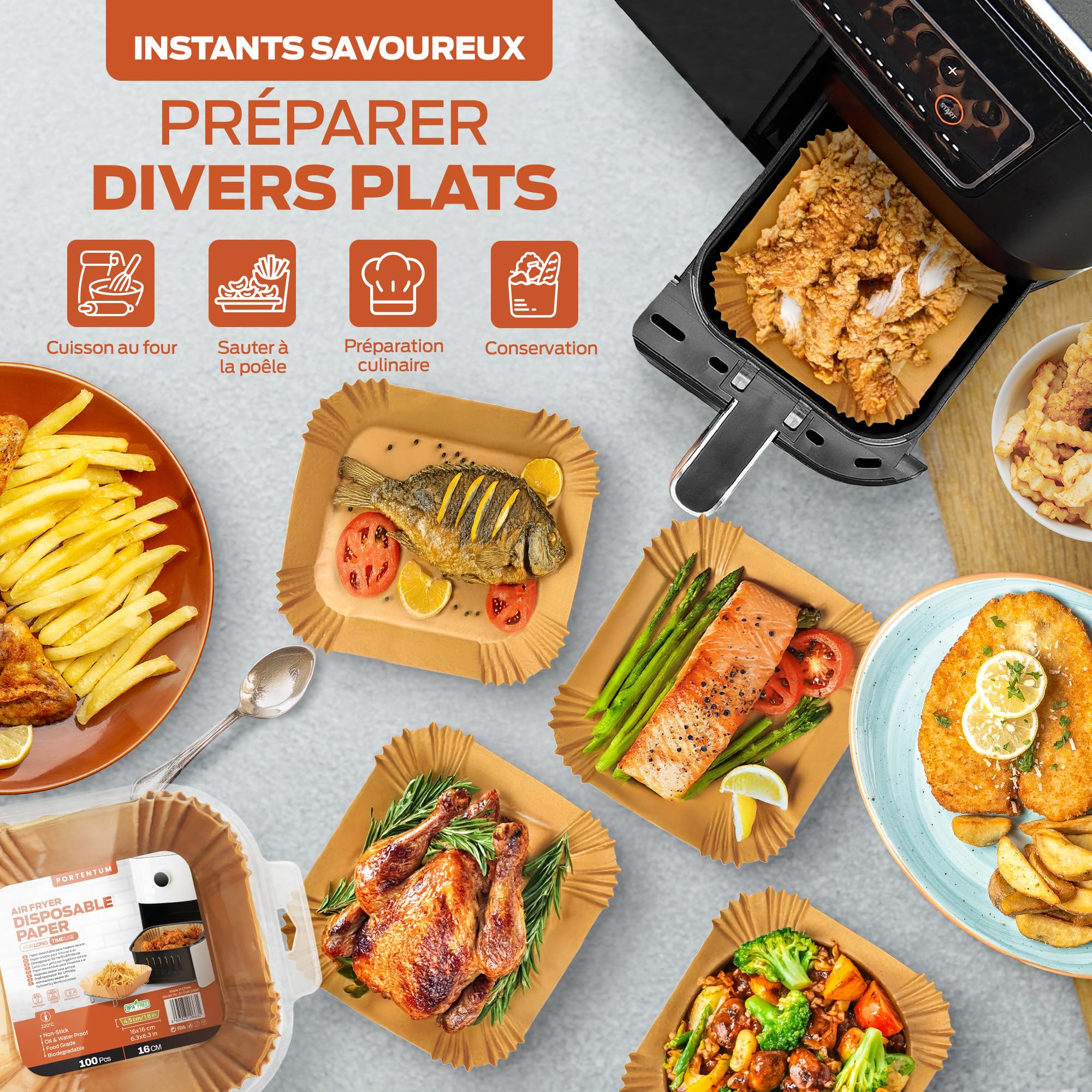 PORTENTUM Papier cuisson air fryer - 100 pièces Food-Grade sans BPA, 20×24 cm, adapté friteuses 5–8 L, solution idéale pour préparation saine
