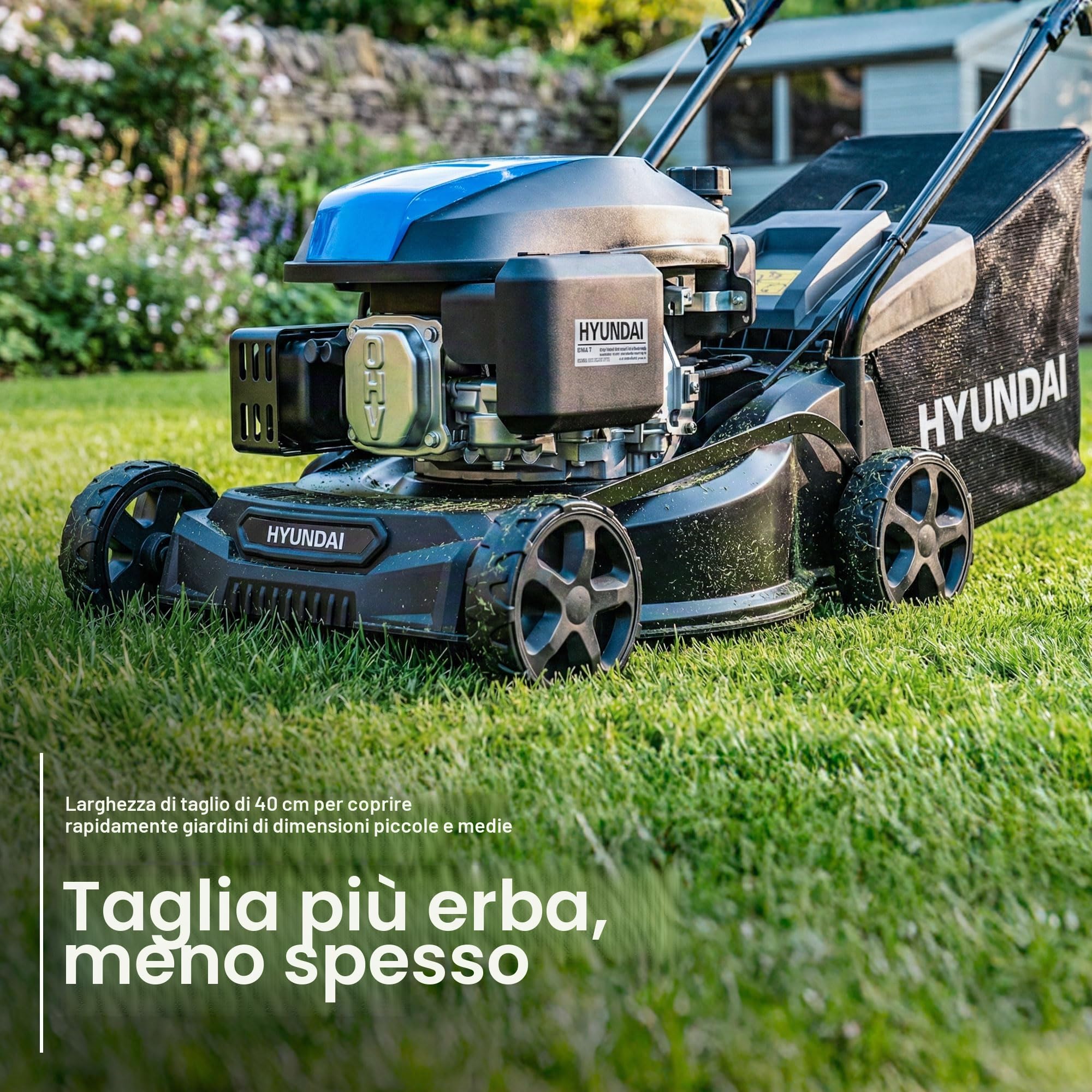 Hyundai Tosaerba a benzina, larghezza di taglio 39 cm, motore 131 cc, sacco di raccolta da 35 litri e scarico posteriore, spinta manuale, edizione nera