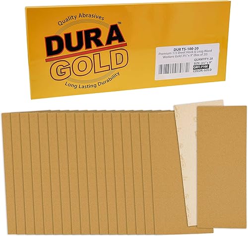Dura-Gold Hojas de papel de lija dorado de 13 hojas, grano 100 (caja de 20) 3-23 x 9 pulgadas, soporte de gancho y bucle de tamaño de 3-23 x 9