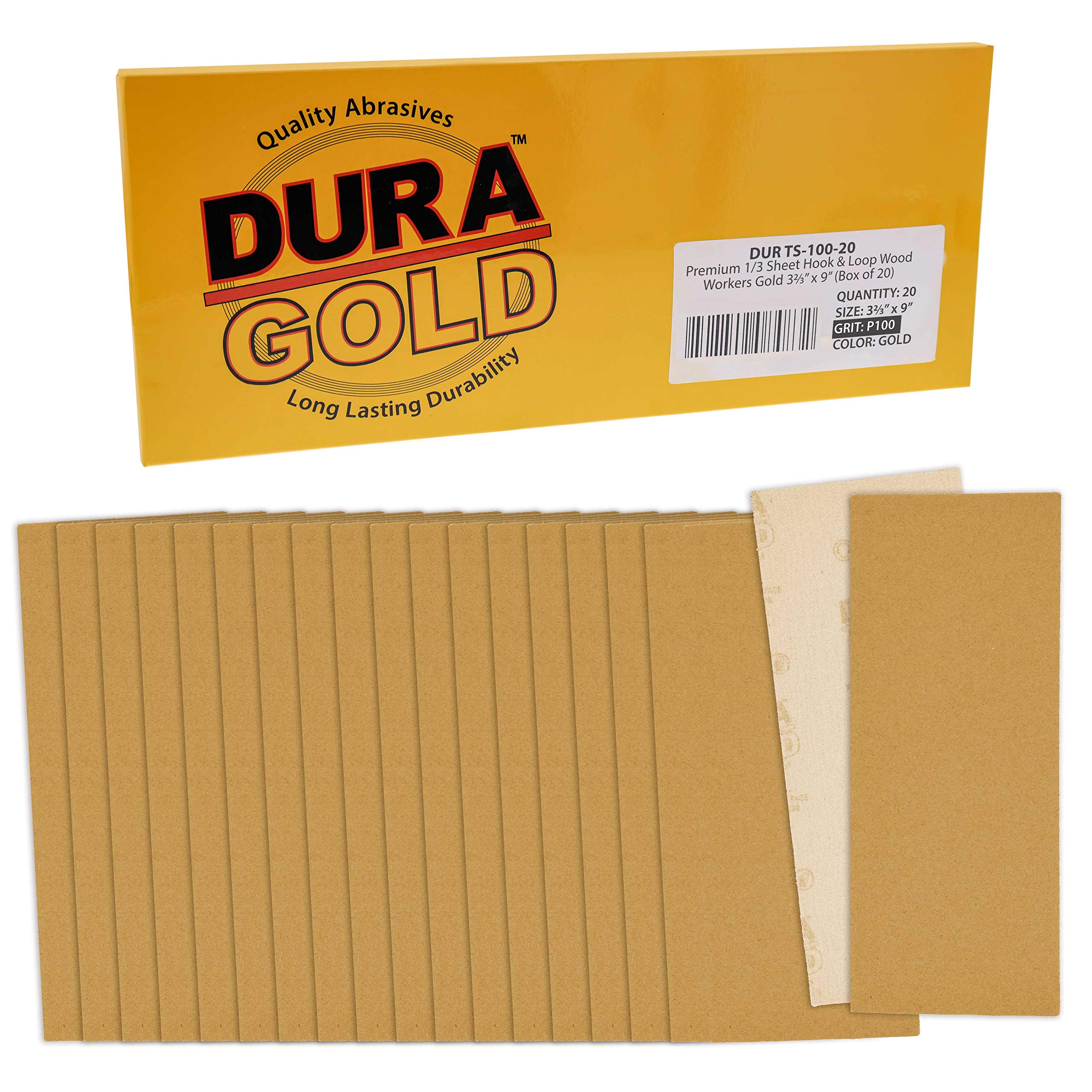 Dura-Gold Premium 1/3 Sheet Gold Sandpaper Sheets, 100 Grit (Box of 20) - 3-2/3" x 9" Size Hook & Loop Backing, Wood Furniture Woodworking, Auto Paint