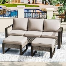 3 Piece Patio Furniture Set Outdoors, Conversation Set with 3-Seat Couch and 2 Ottomans, Light Rattan Wicker, Beige