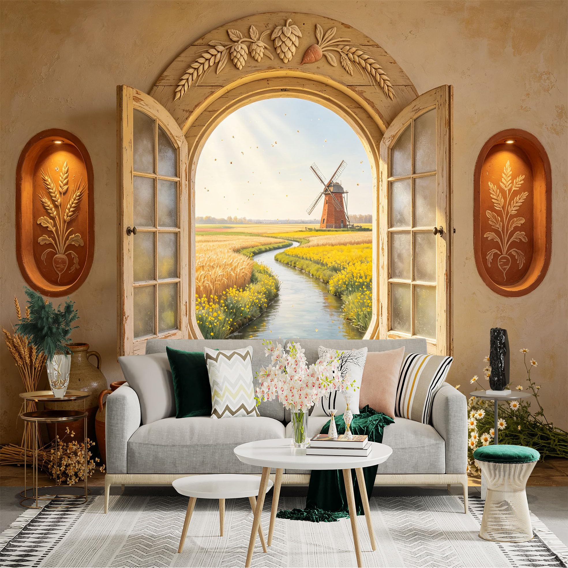 Custom Size Wall Sticker Mural， Rustic Window View with Windmill， Wheat Field and River Landscape， for wall Decoration， peelandstick wall Decals.