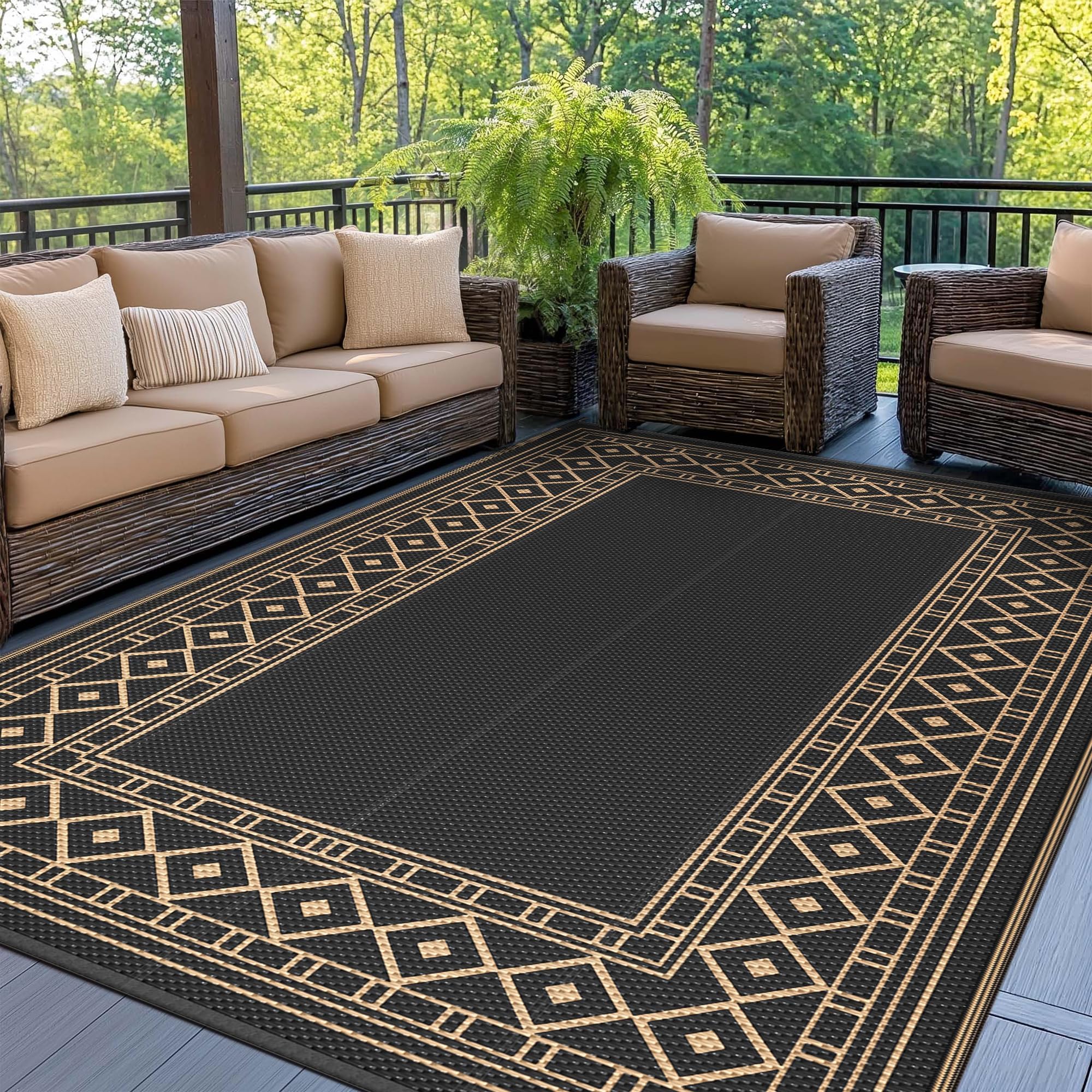 GENIMO Outdoor Teppich Wetterfest 180x275 cm, Waschbarer Balkon Teppich mit UV-Schutz, Wendbarer Moderner Polypropylen-Teppich für Terrasse, Garten, Wohnmobil, Picknick & Hinterhof – Schwarz & Braun