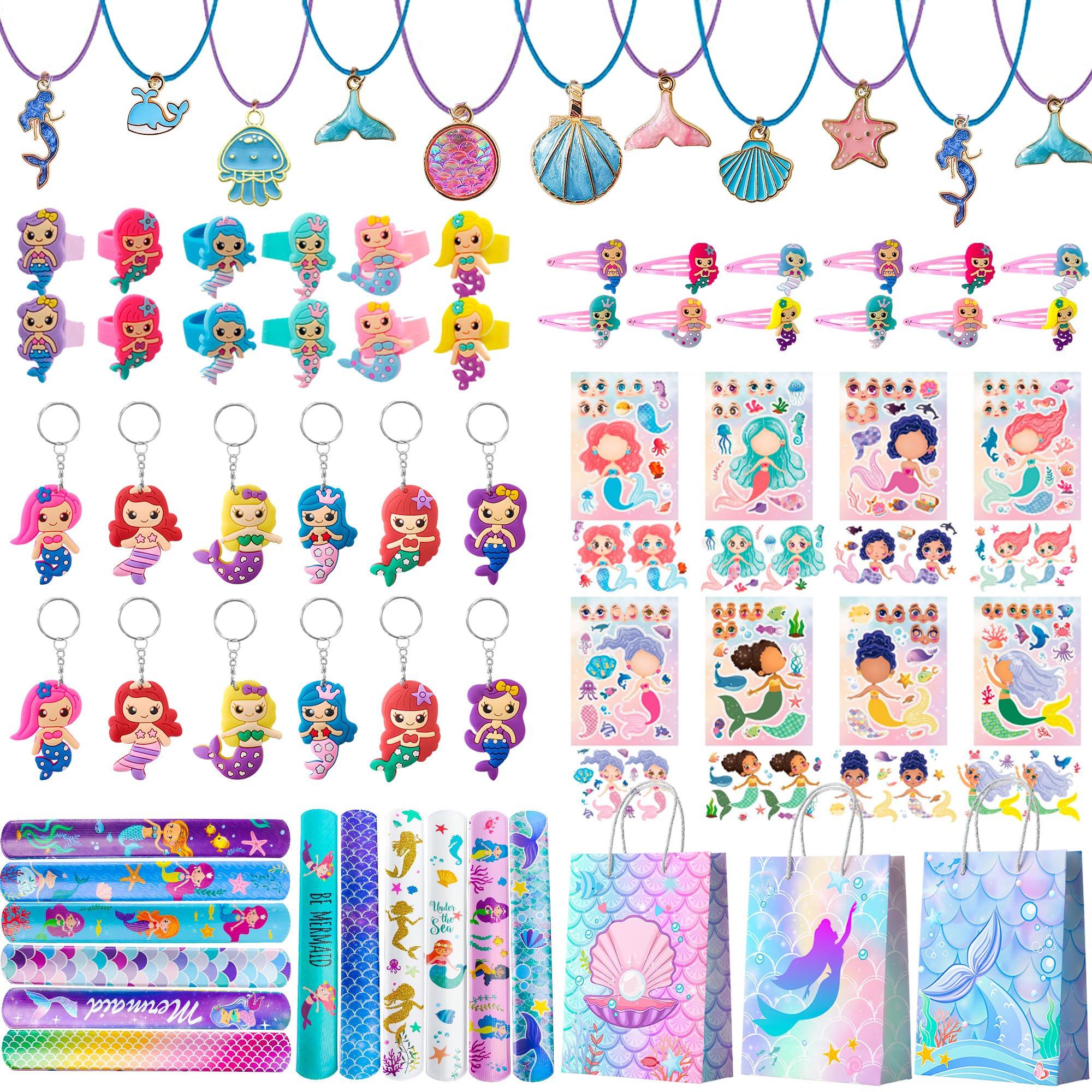 Mermaid Party Favours, 84pcs Mermaid Theme Party Favors Set-Mermaid Loot Bags Hair Clips Stickers Slap Bracelets etc Mermaid Birthday Party Favors for Girls Mermaid Birthday Decorations Supplies