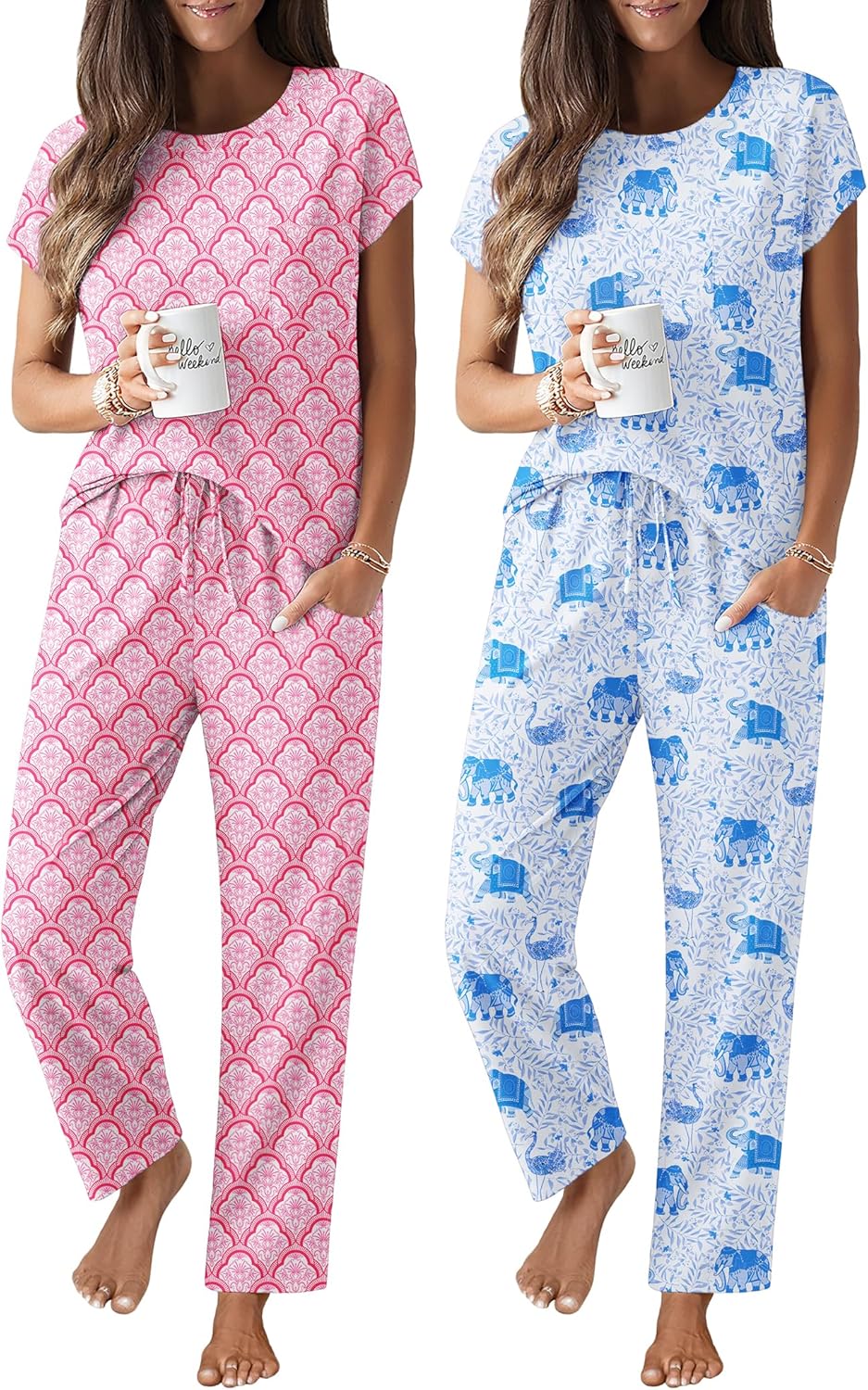 Ekouaer 2 Packs Pajamas for Women Set Cap Sleeve Top and Pants Soft Sleepwear Comfy Pjs Set with Pockets Lounge Set
