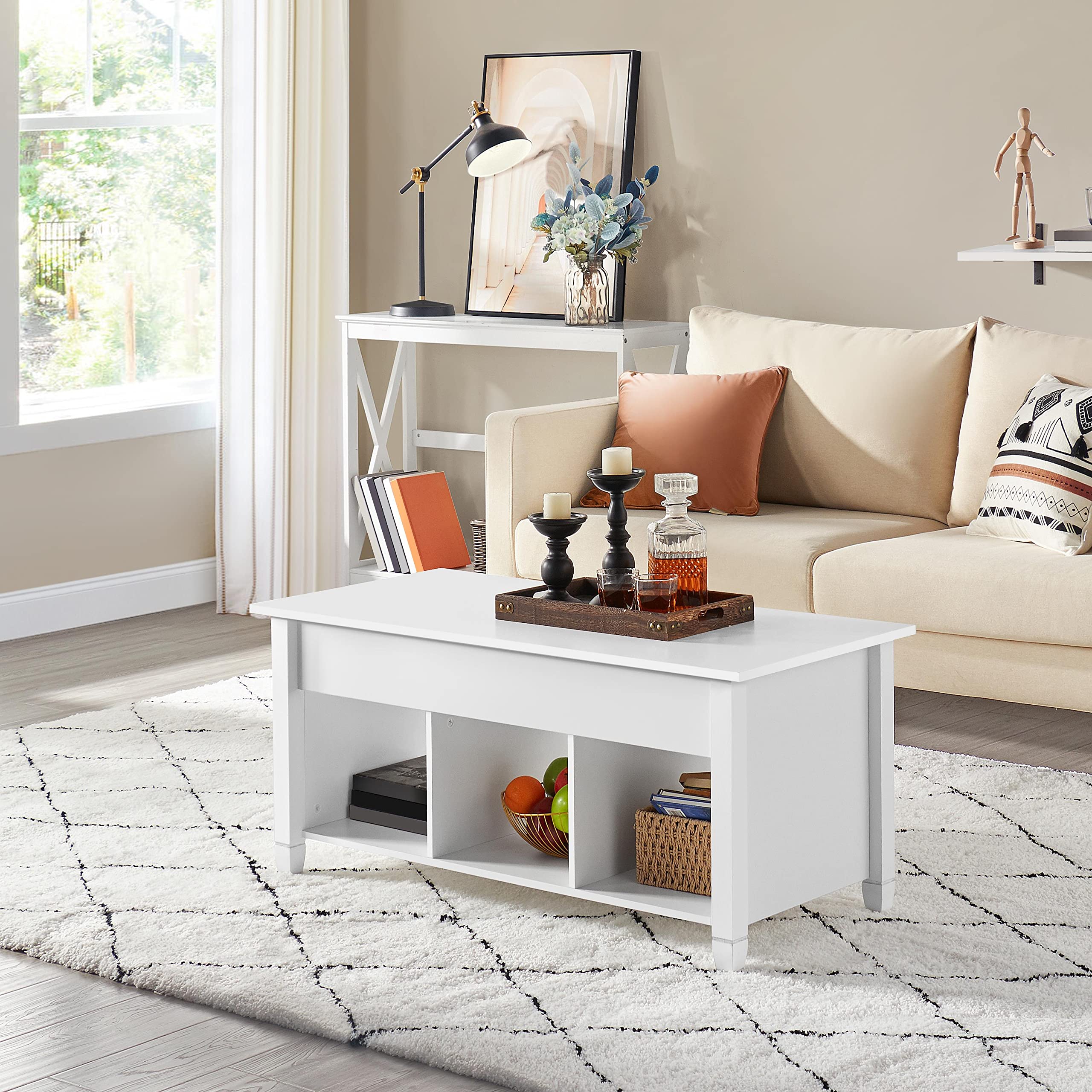 Yaheetech Couchtisch höhenverstellbar Kaffeetisch mit Hebeplatte Hubtisch versteckter Stauraum Beistelltisch aus Holz Sofatisch für Wohnzimmer Weiß