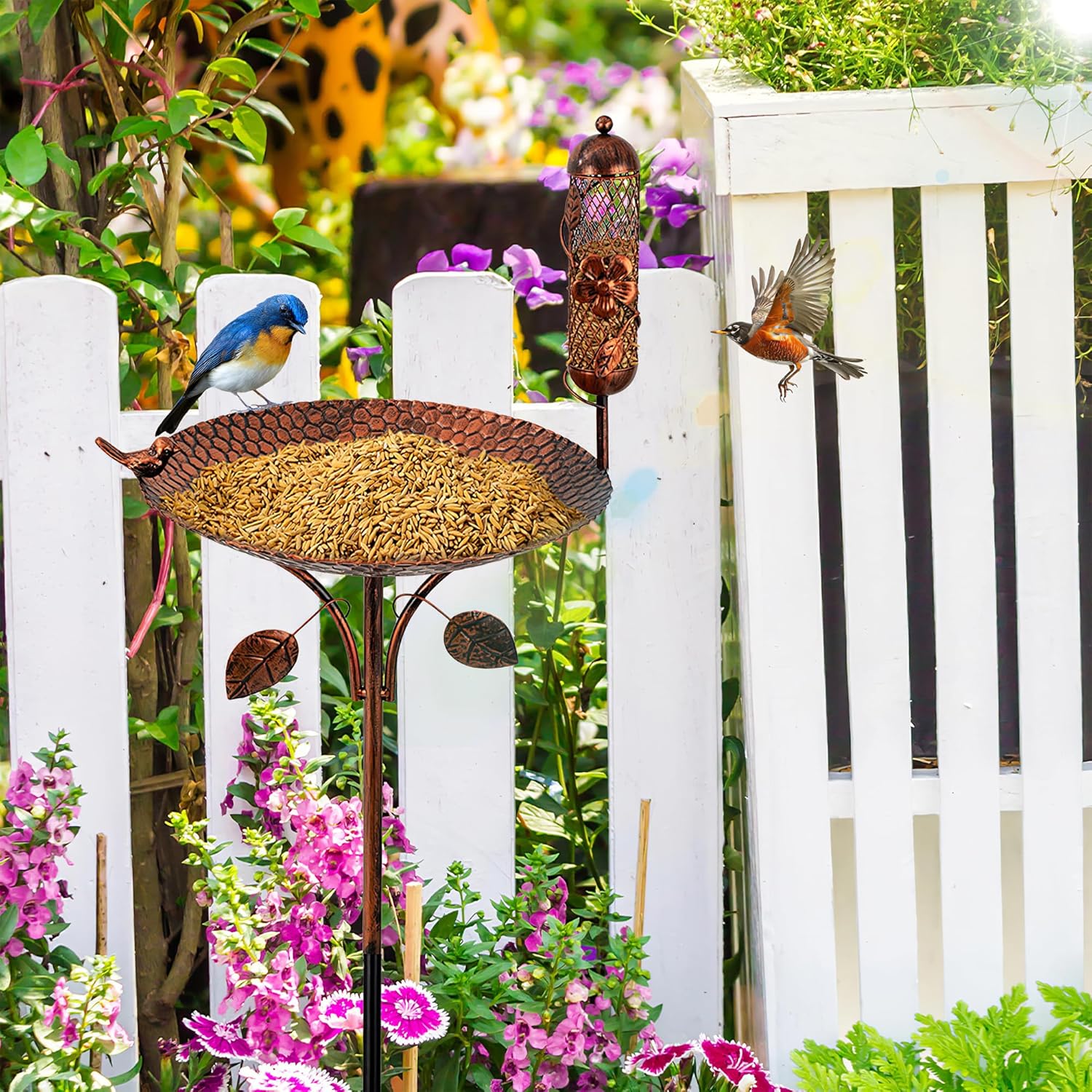 Metal Bird Bath and Bird Feeder for Outside - 46In Vintage Freestanding Birdbaths and Feeder for Outdoors with Stable Upgraded 5 Pronged Base Birdfeeder Bowl for Outdoors Garden Patio Yard Lawn Decor