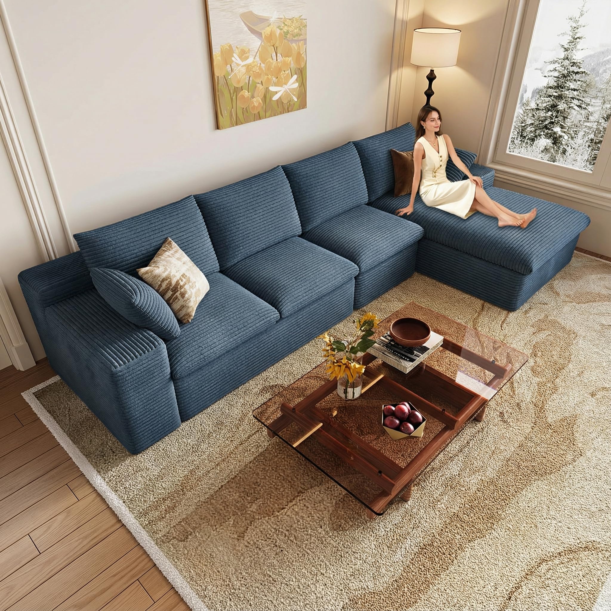 136" Cloud Couch Modular Sectional Sofa for Living Room, L-Shape Boneless Couch with Deep Seat, Modern Corduroy 4-Seater, No Assembly Required (Blue,Right-Facing Chaise)