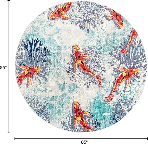 Miniatura 2 de Unique Loom Ariel Collection - Alfombra de área con diseño de pez dorado (7 pies 1 pulgada, redonda, multicolor)