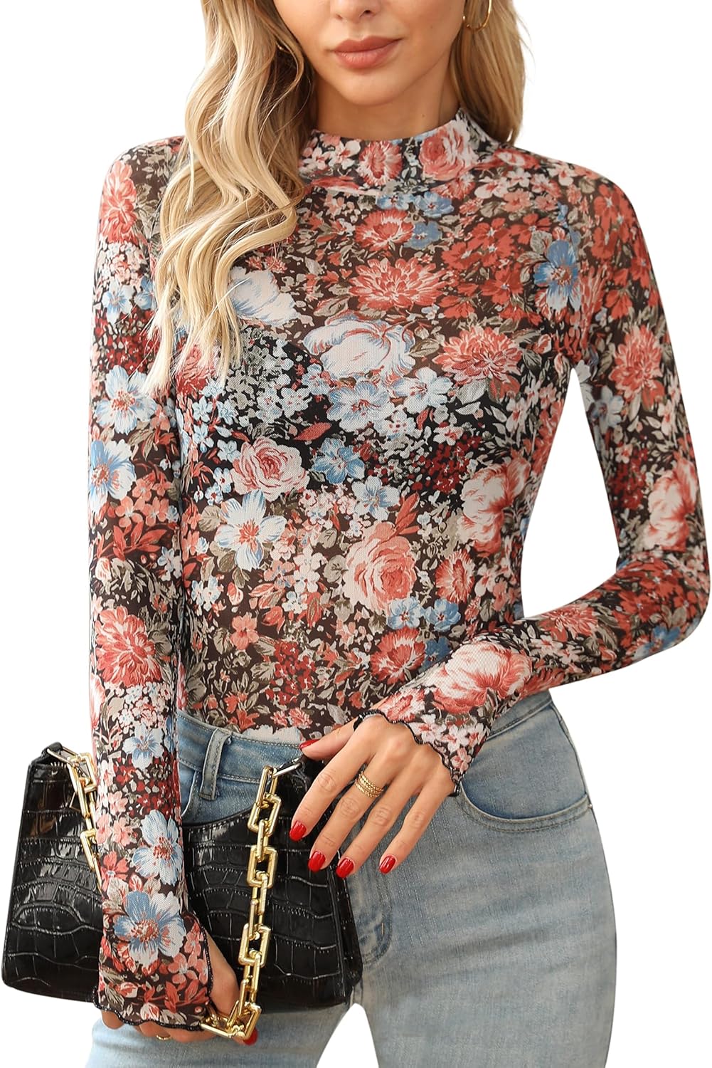 Ugerlov Womens Lace Long Sleeve Mesh Top Floral Mock Neck See Through Going Out Top with Thumb Hole Party Outfits Shirts