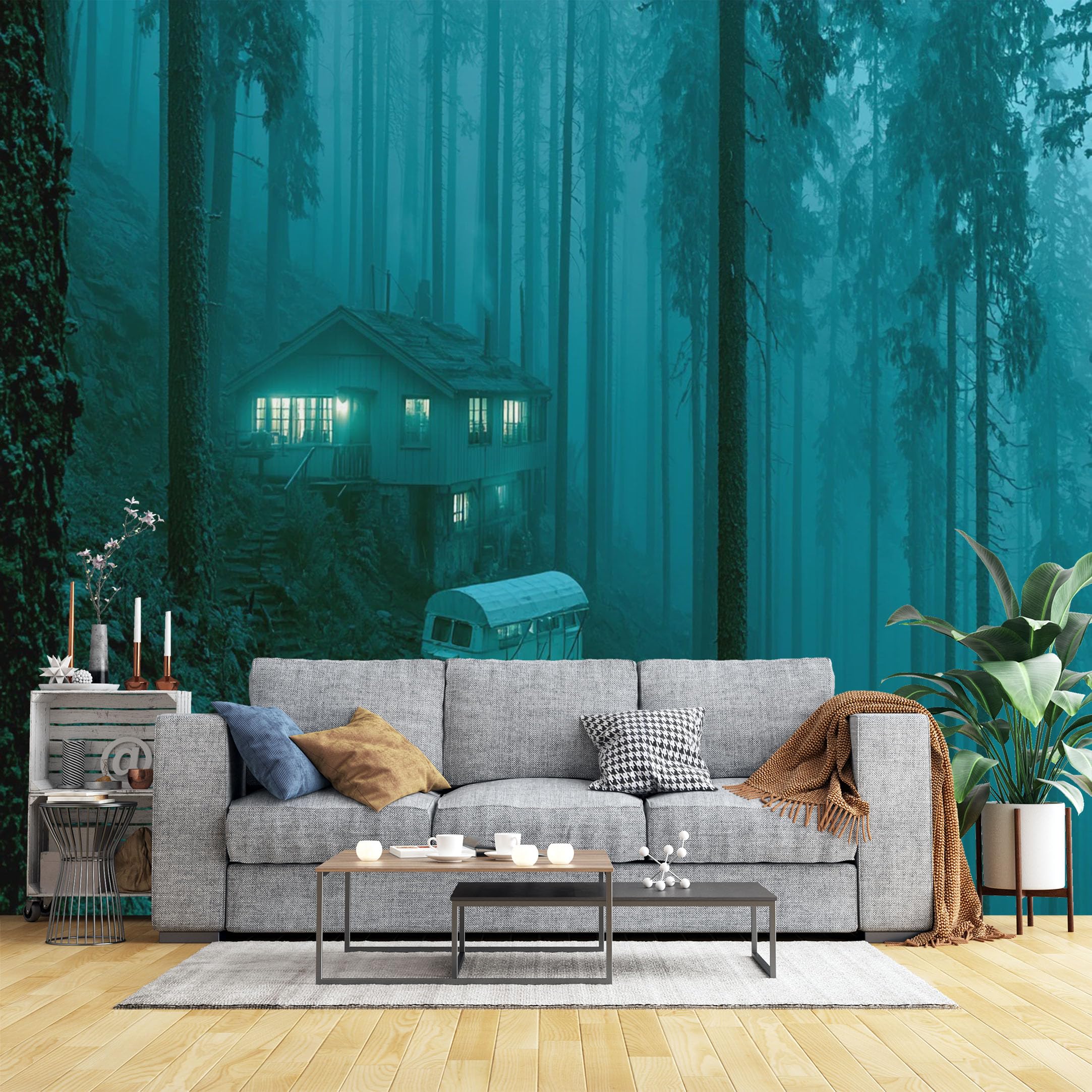 Custom Size Wall Murals Misty Forest Cabin with Camper Wall Murals Moody Wilderness Wallpaper, 3D Self-Adhesive Removable Wallpaper for Bedroom