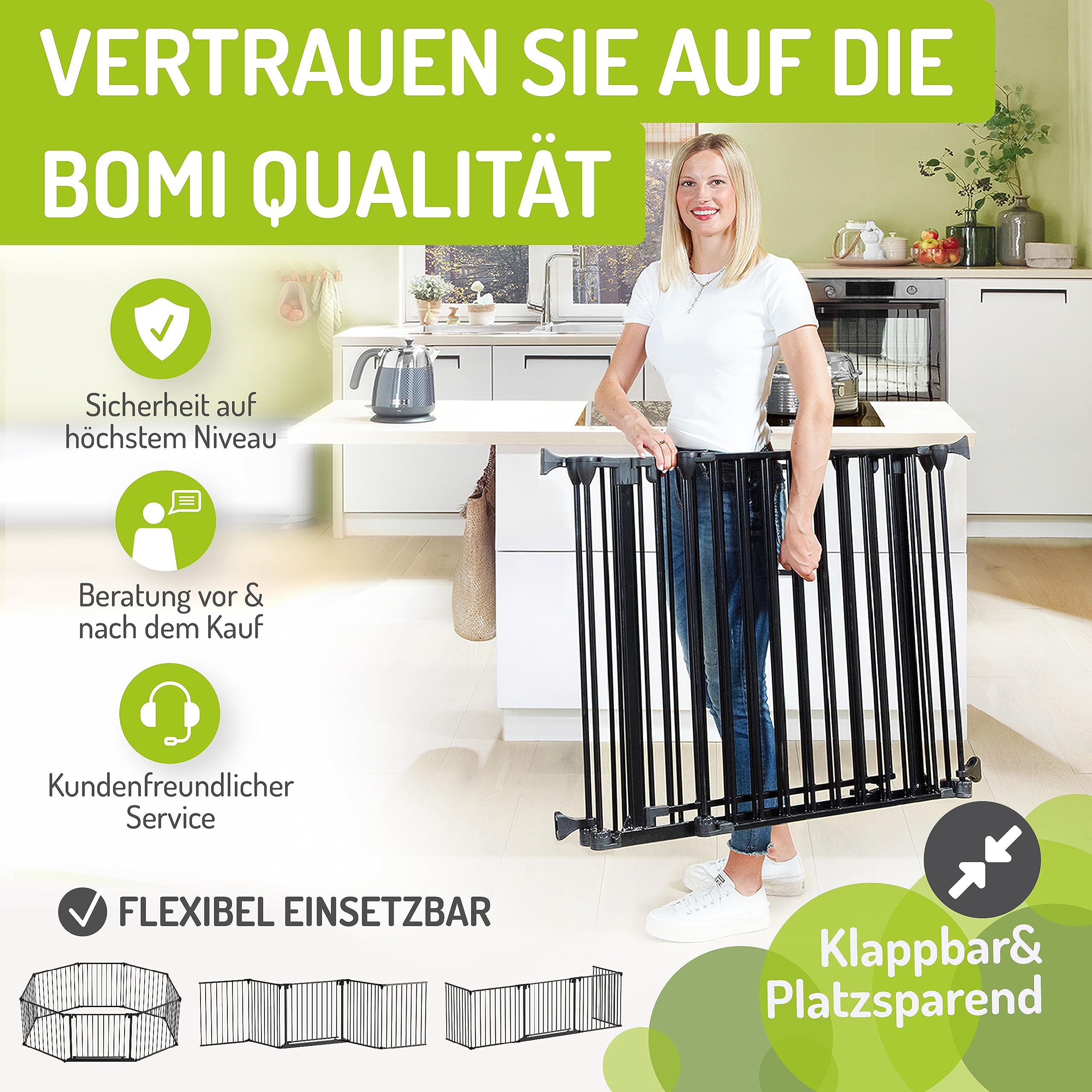 BOMI Treppenschutzgitter Milo bis 525 cm | Extrabreite Tür: 75 cm Durchgang | 90° Stop | Schließt automatisch | Über 500cm in Schwarz | Treppenschutzgitter Türgitter Klemmgitter